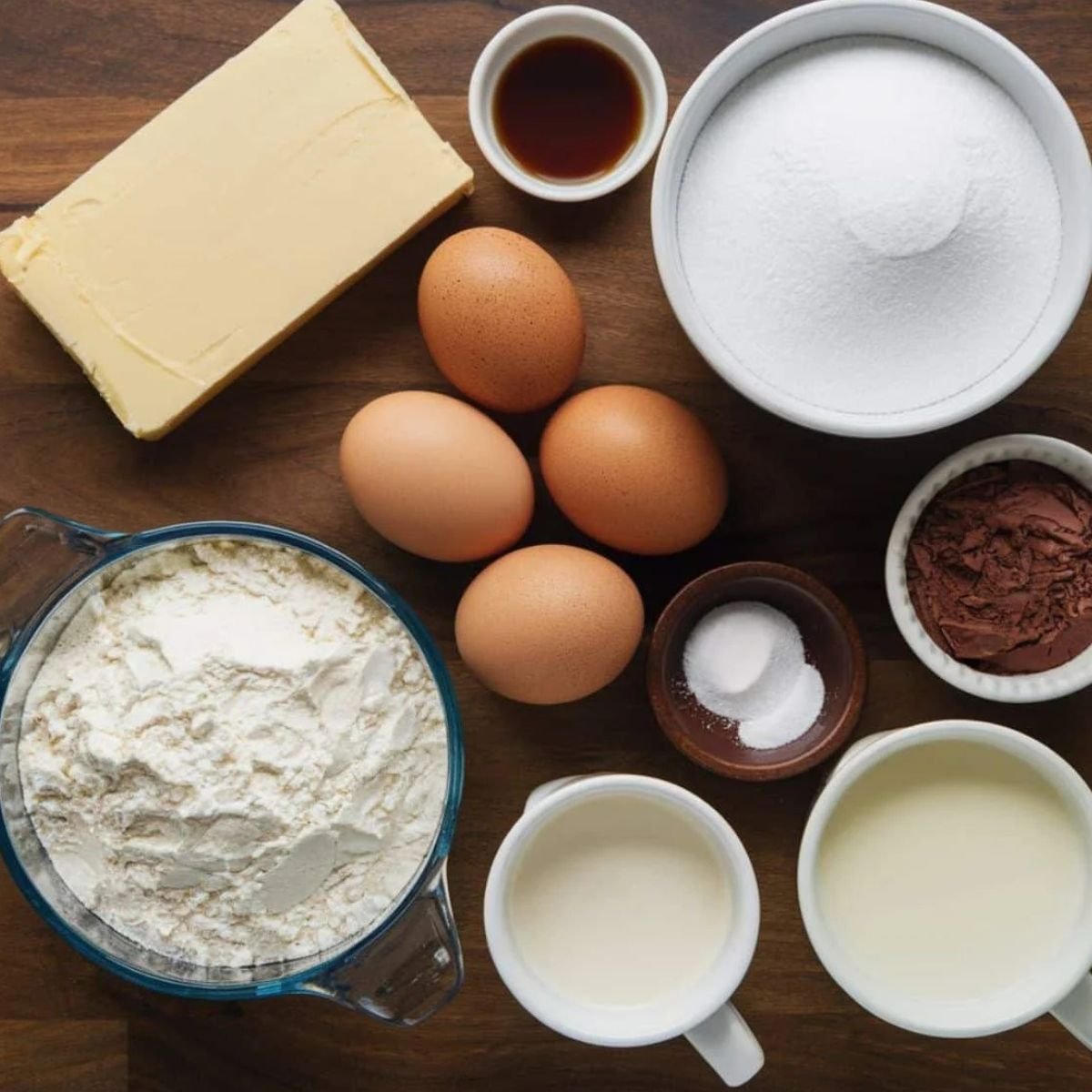 Rich and decadent Chocolate Pound Cake Recipe ingredients, including flour, sugar, eggs, butter, cocoa powder, vanilla extract, and milk on a wooden surface. Perfect for homemade chocolate desserts and baking.