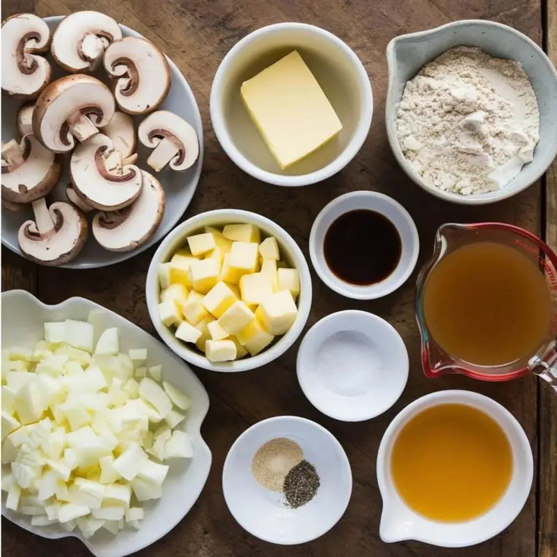 Fresh ingredients for a homemade Salisbury Steak Recipe, including sliced mushrooms, butter, flour, beef broth, Worcestershire sauce, diced onions, and seasonings, all arranged on a rustic wooden surface for a rich and flavorful mushroom gravy.