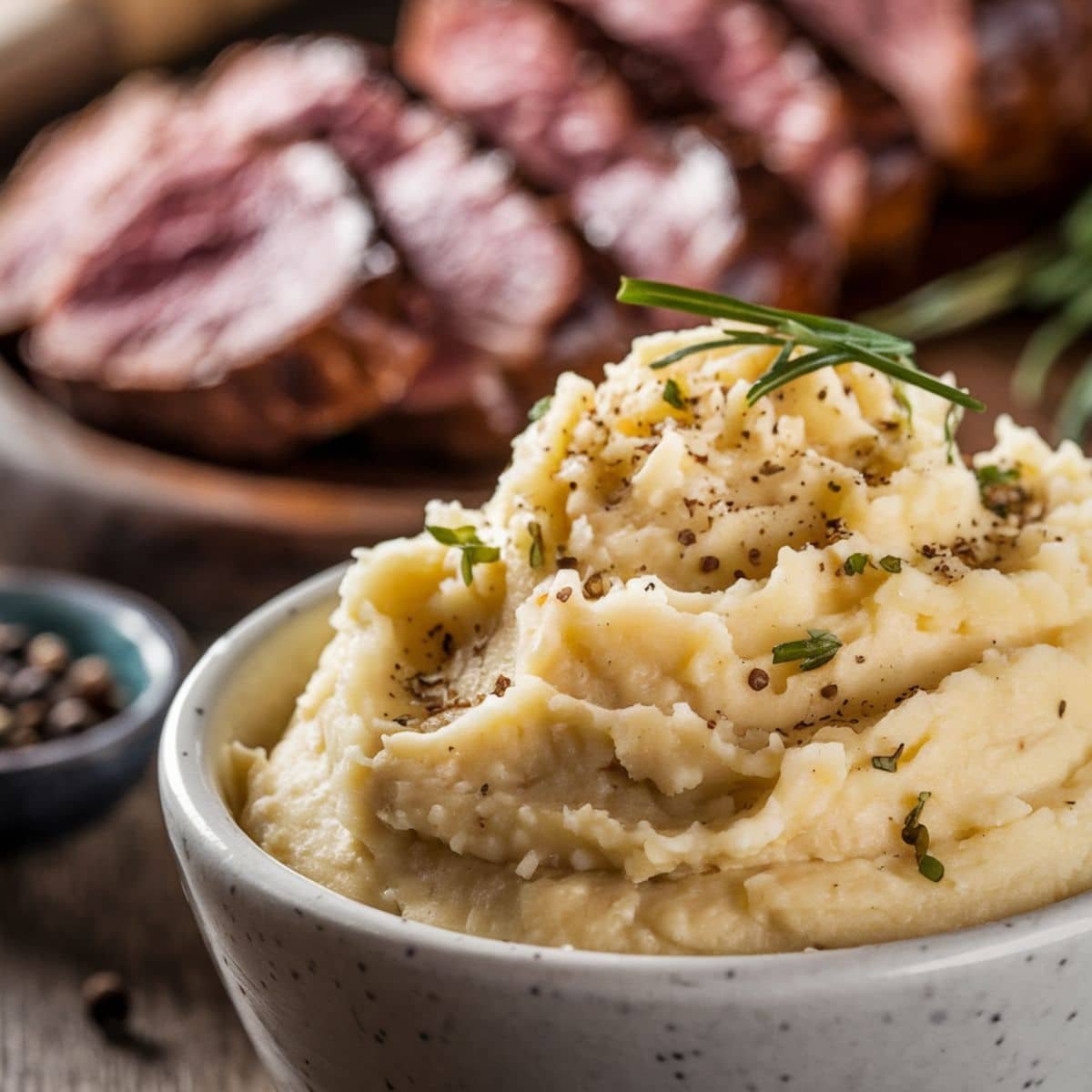 Rustic Cowboy Butter Recipe featuring creamy mashed potatoes garnished with fresh herbs and black pepper, served alongside juicy sliced steak in a cozy, rustic setting.