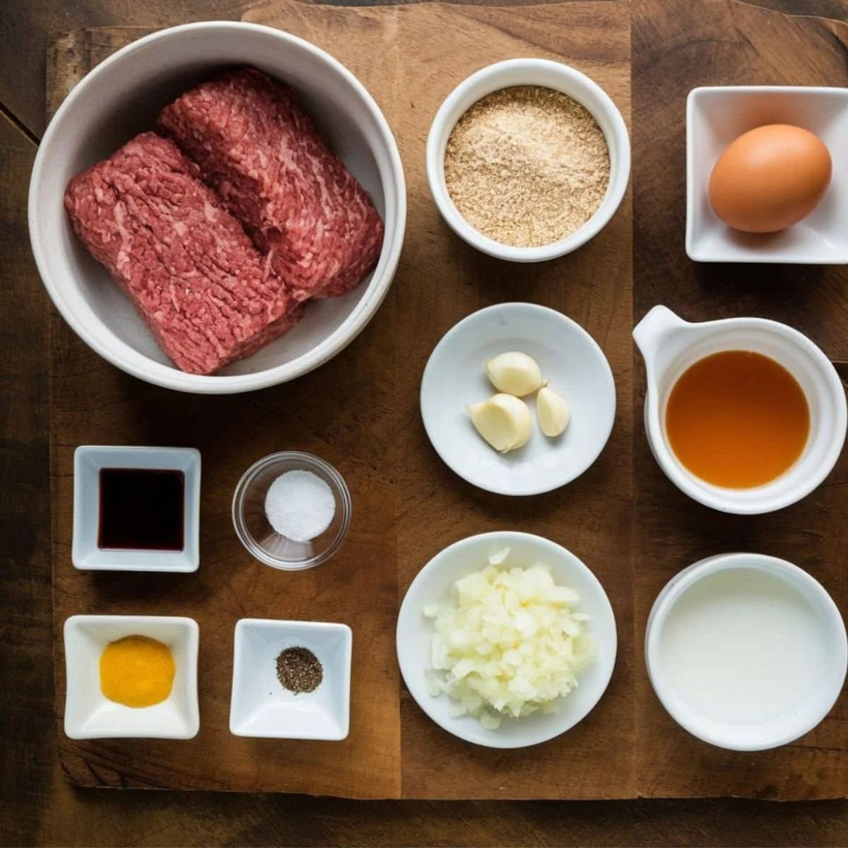 Key ingredients for a homemade Salisbury Steak Recipe, including ground beef, breadcrumbs, egg, garlic, diced onions, Worcestershire sauce, mustard, salt, pepper, and broth, all arranged on a wooden board for a delicious and juicy steak patty preparation.