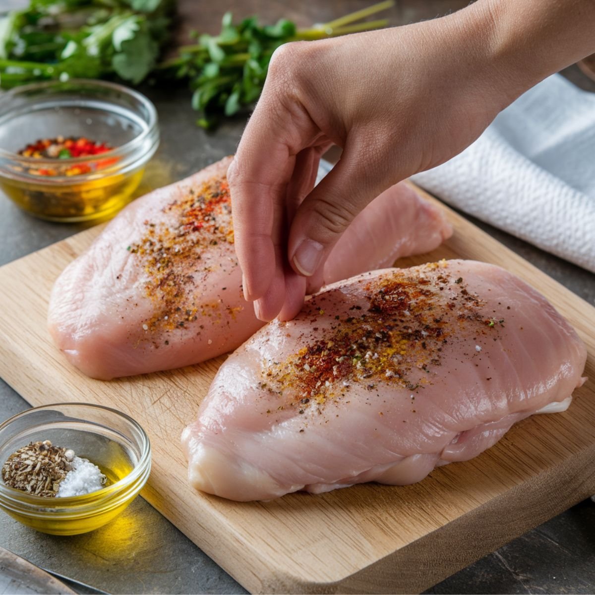 A hand seasoning raw chicken breasts with a blend of spices on a wooden cutting board. Fresh ingredients, including olive oil, salt, and herbs, are nearby—perfectly prepped for making Instant Pot Shredded Chicken, a quick and flavorful meal prep staple.