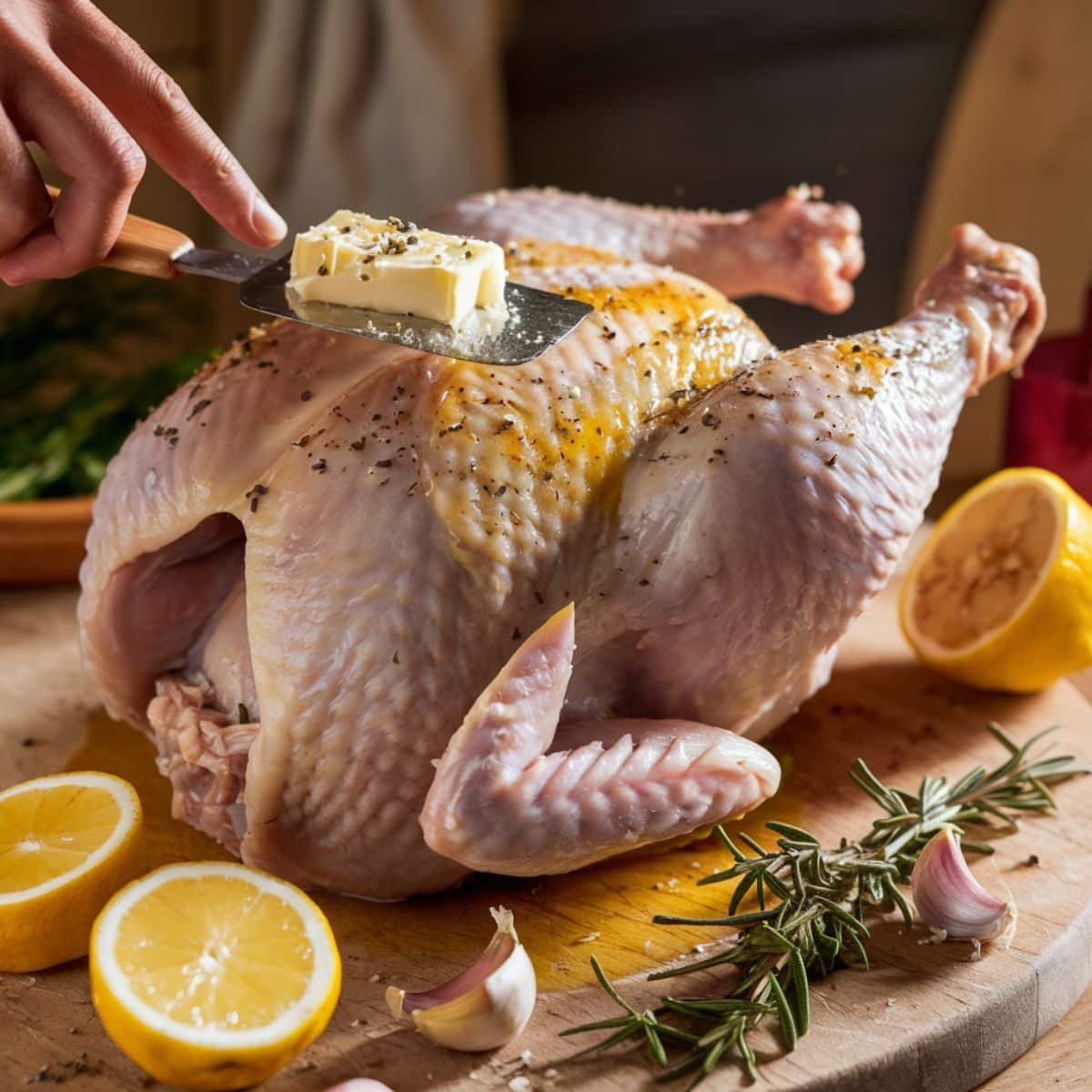 Whole roasted chicken recipe in preparation, with a raw chicken being seasoned and topped with butter, surrounded by fresh rosemary, garlic, and sliced lemons for a flavorful roast.