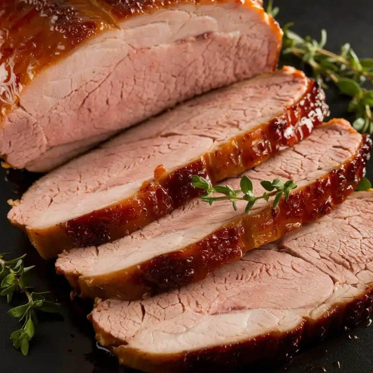 Sliced, juicy smoked pork loin with a caramelized glaze and fresh thyme garnish, highlighting a flavorful smoked pork loin recipe.