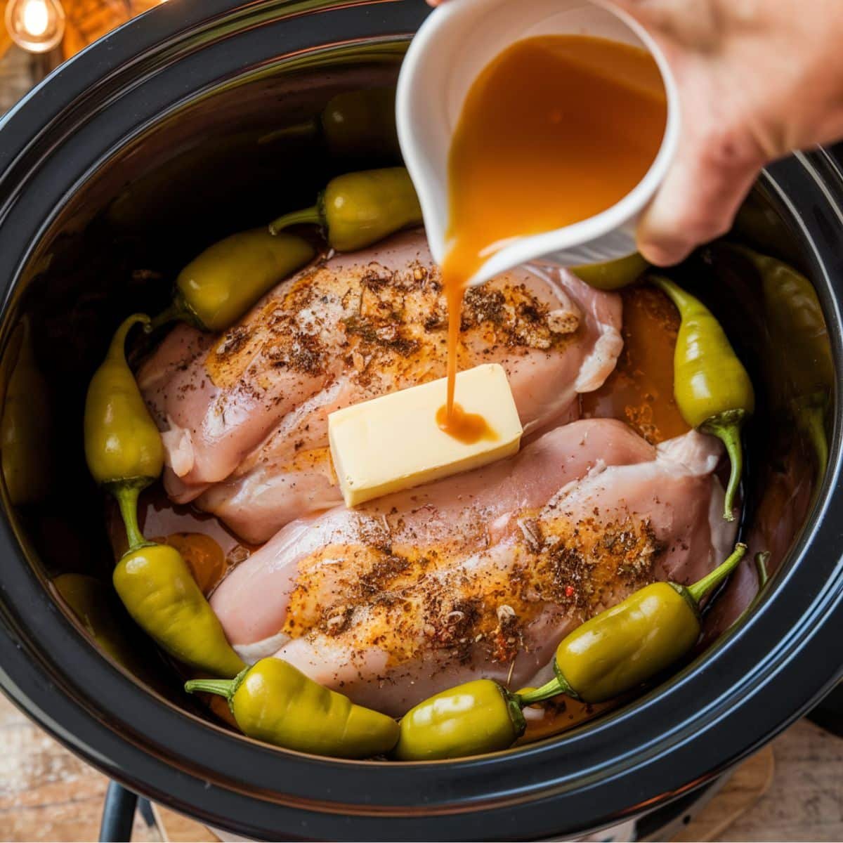 Mississippi Chicken Recipe in a slow cooker – raw chicken breasts with butter, surrounded by pepperoncini peppers, as savory sauce is poured on top for a tangy, flavor-packed meal.