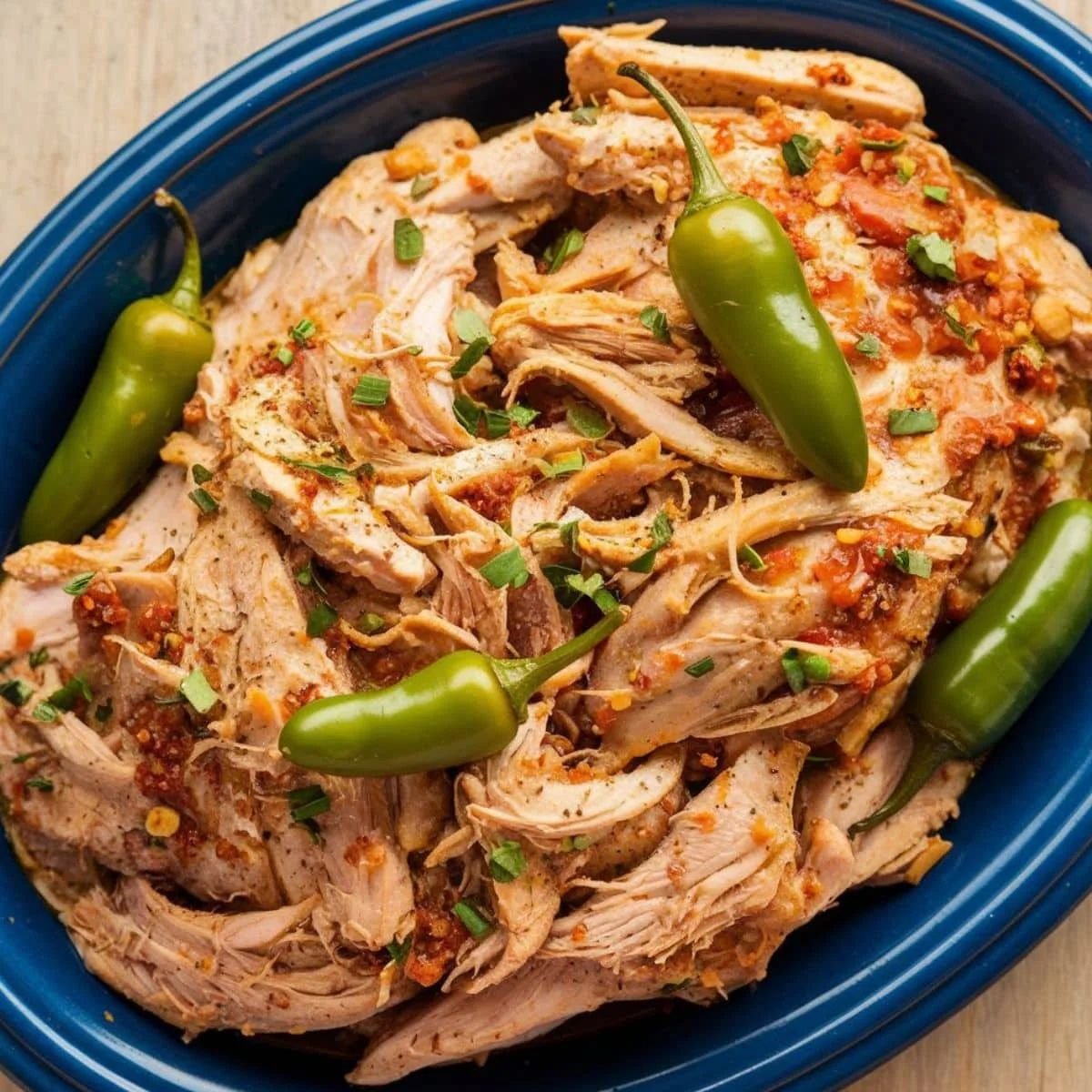 Tender, shredded Mississippi Chicken Recipe presented in a blue dish, topped with pepperoncini peppers and fresh herbs for a tangy and flavorful slow-cooked meal.