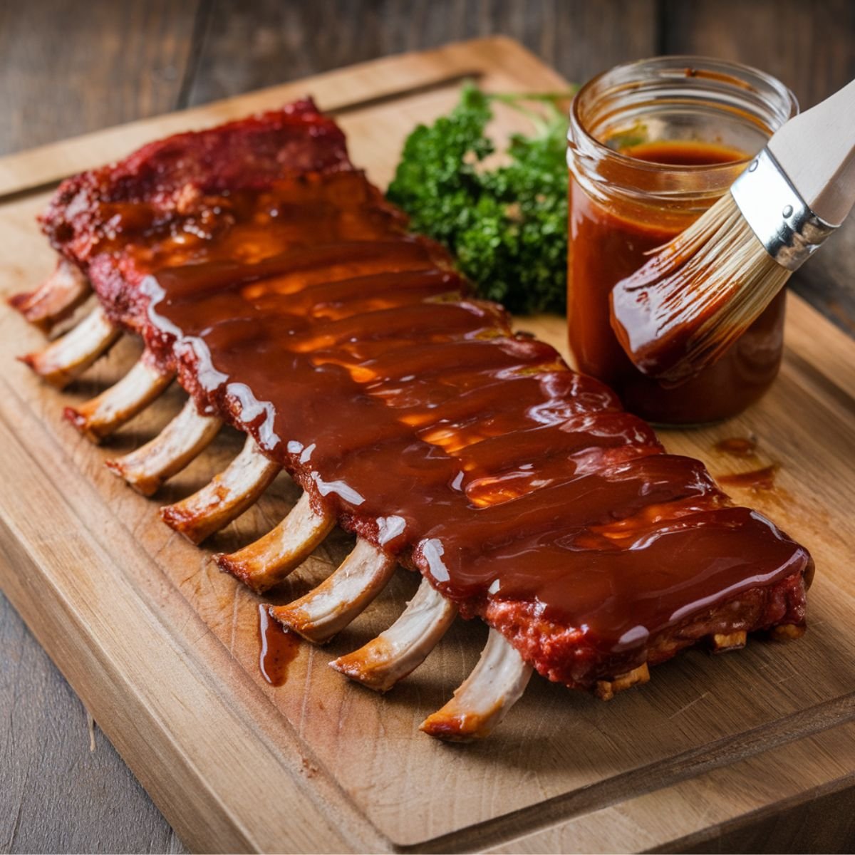 A rack of tender beef back ribs coated in a rich, smoky barbecue sauce, served on a wooden cutting board. A basting brush and a jar of sauce sit nearby, ready for extra glazing. Perfectly cooked BBQ ribs, ideal for grilling, smoking, or roasting. A must-try beef back ribs recipe for juicy, fall-off-the-bone goodness.