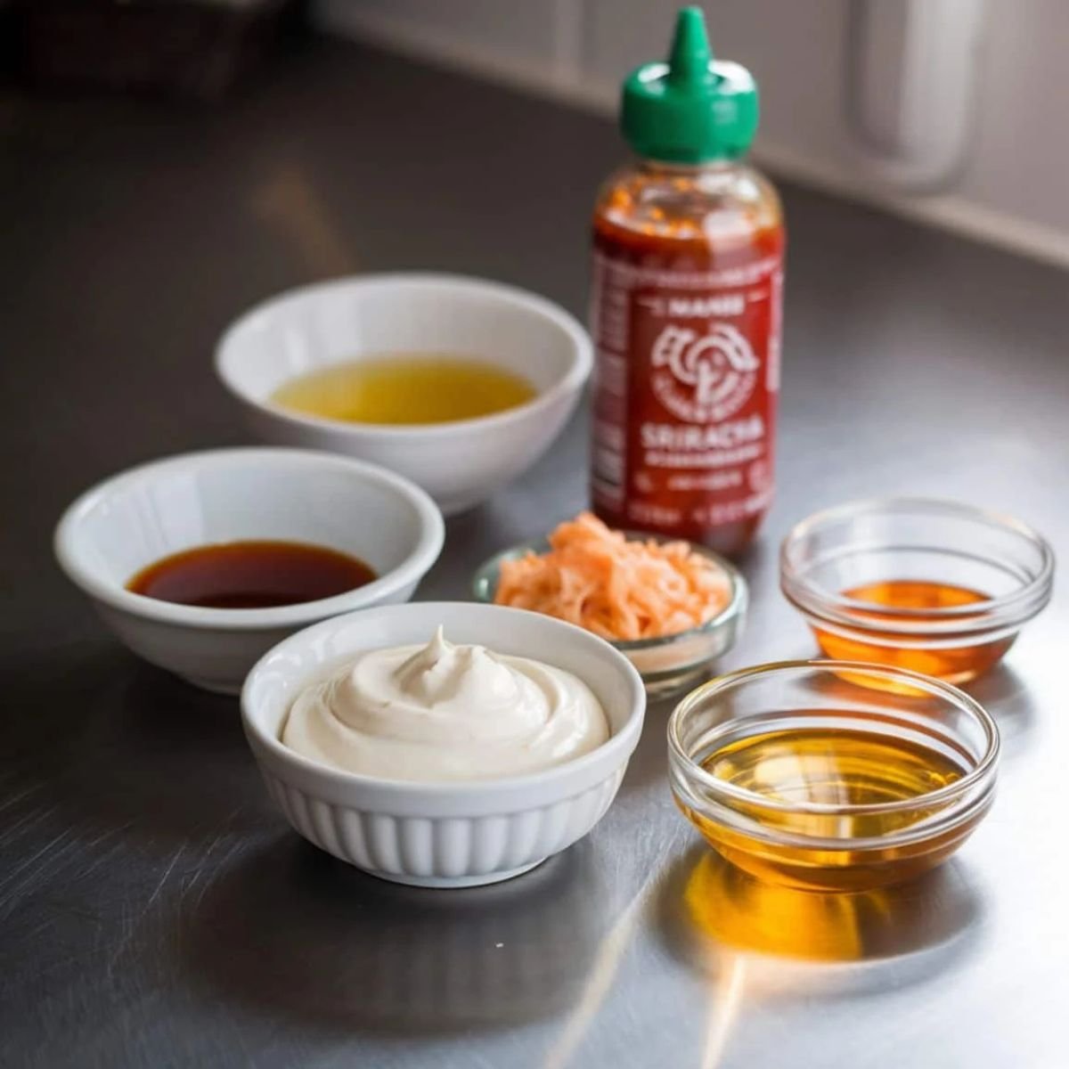 Ingredients for a Spicy Sriracha Mayo Dipping Sauce for Salmon Bites Recipe arranged on a stainless steel countertop. Featuring mayonnaise, sriracha, soy sauce, honey, rice vinegar, sesame oil, and pickled ginger for a bold, creamy, and tangy flavor pairing.