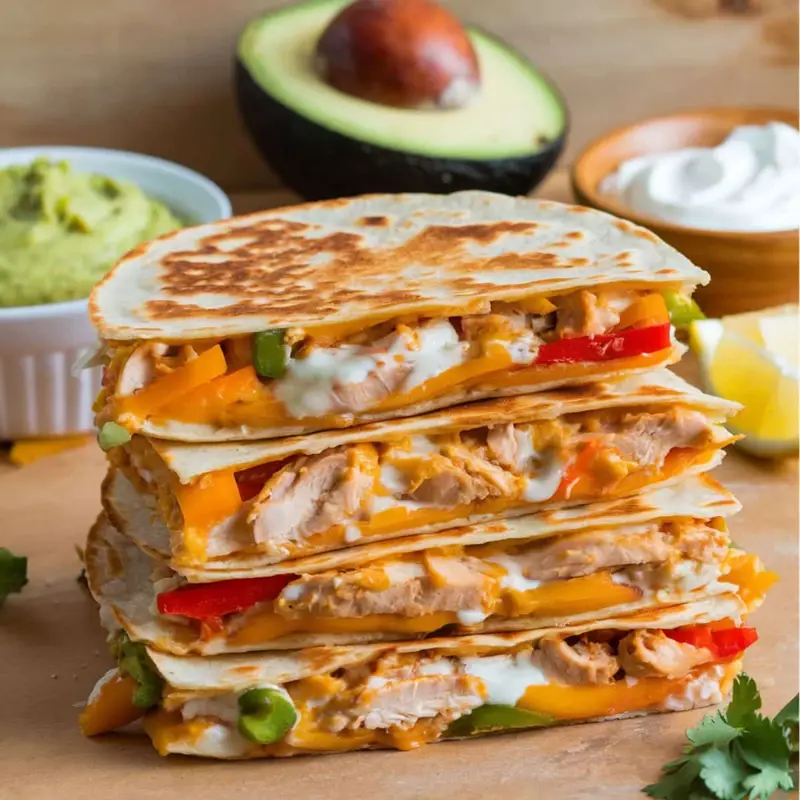 Stacked chicken quesadillas filled with melted cheese, juicy chicken, and colorful bell peppers, served with guacamole, sour cream, and fresh avocado in the background, perfect for a Chicken Quesadilla Recipe.