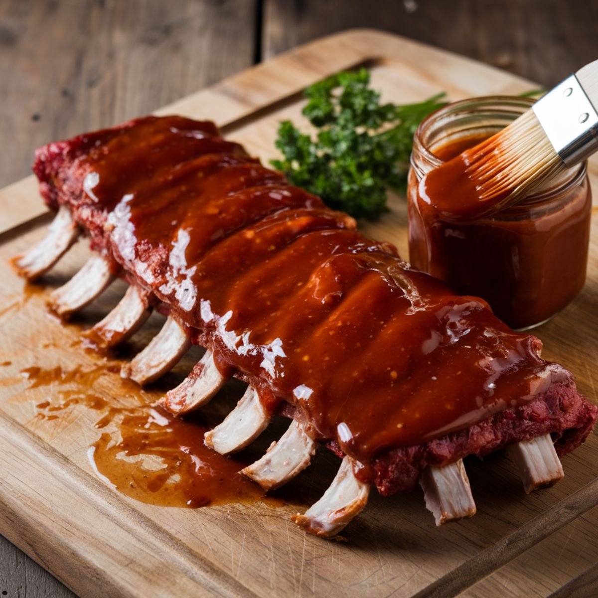 A rack of beef back ribs generously coated in a thick, tangy barbecue sauce, resting on a wooden cutting board. A basting brush and jar of sauce are nearby, adding extra flavor. Perfect for grilling, smoking, or slow cooking, this beef back ribs recipe delivers juicy, fall-off-the-bone tenderness.