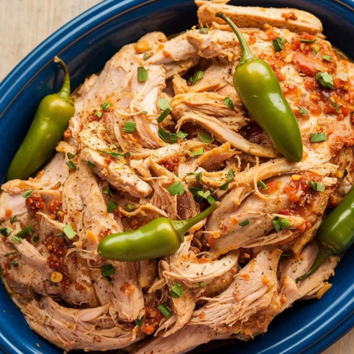 Shredded Mississippi Chicken Recipe served on a blue platter, topped with tangy pepperoncini peppers and fresh herbs for a juicy, flavorful slow-cooked dish.