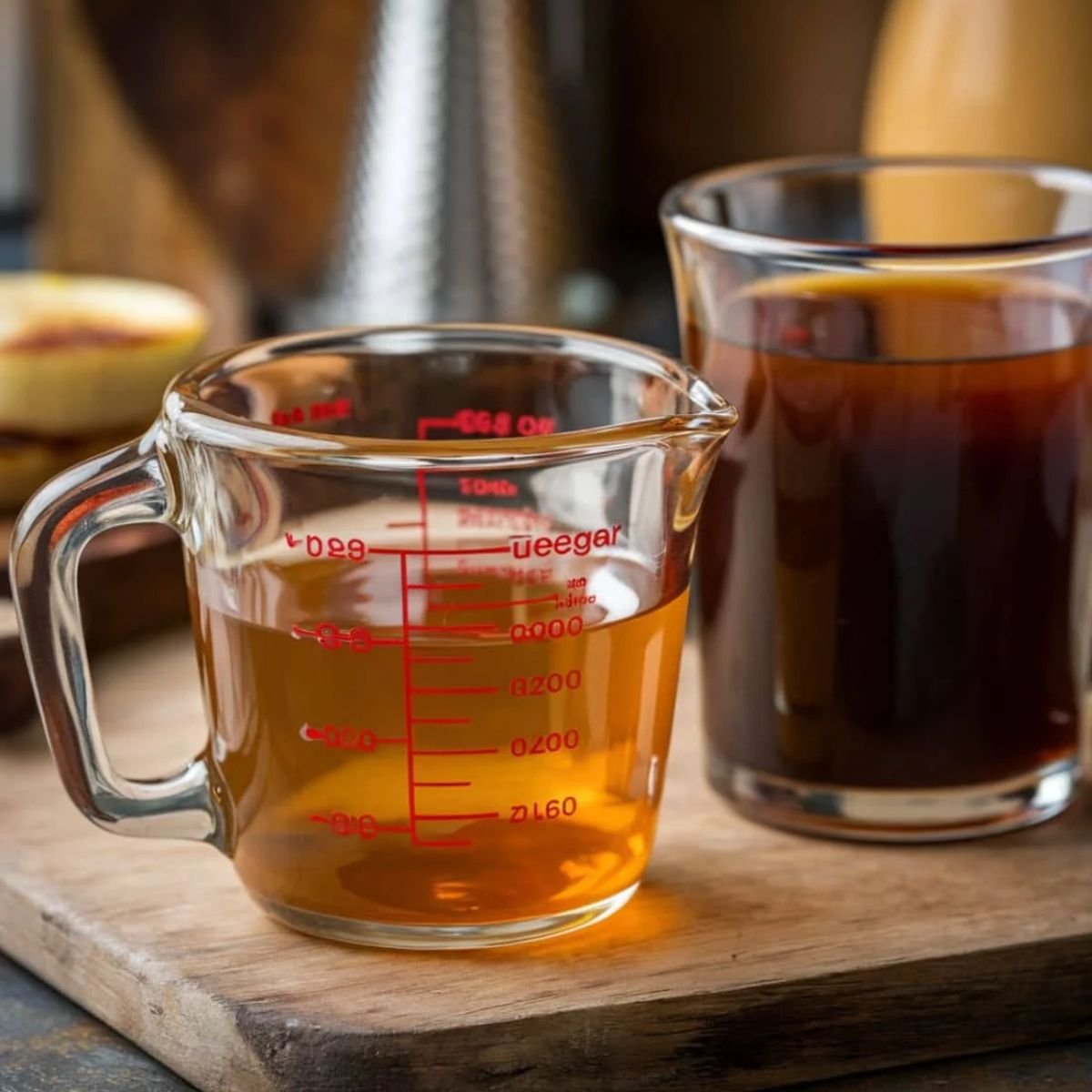 A measuring cup filled with apple cider vinegar and a glass of dark liquid, likely a flavorful spritz mixture, placed on a wooden cutting board. Essential for keeping beef back ribs moist and flavorful during smoking or grilling. Perfect for a juicy and tender beef back ribs recipe.