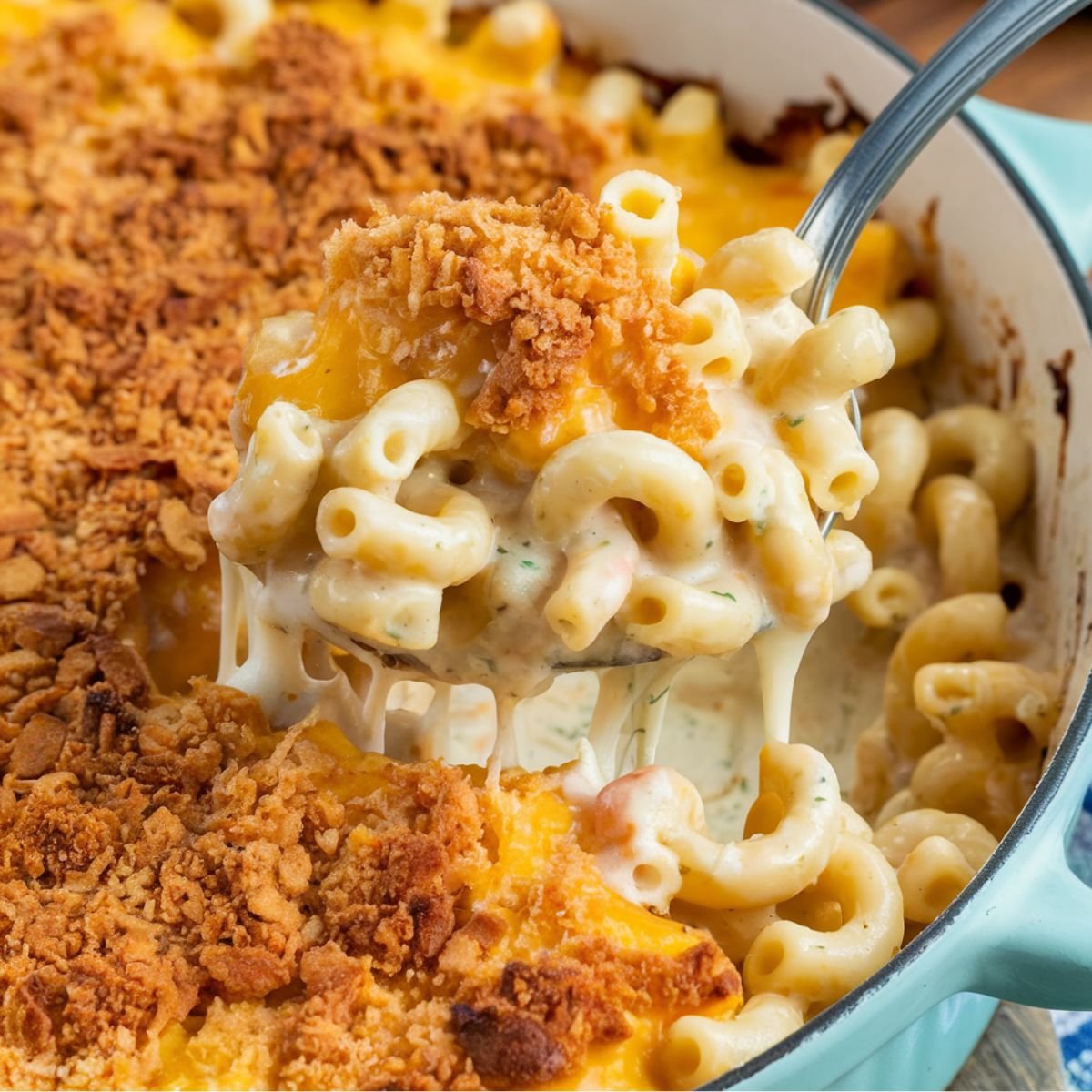 Tini's Mac and Cheese Recipe served in a light blue casserole dish, featuring creamy, cheesy macaroni with a crispy, golden breadcrumb topping. A comforting and delicious homemade baked mac and cheese dish.