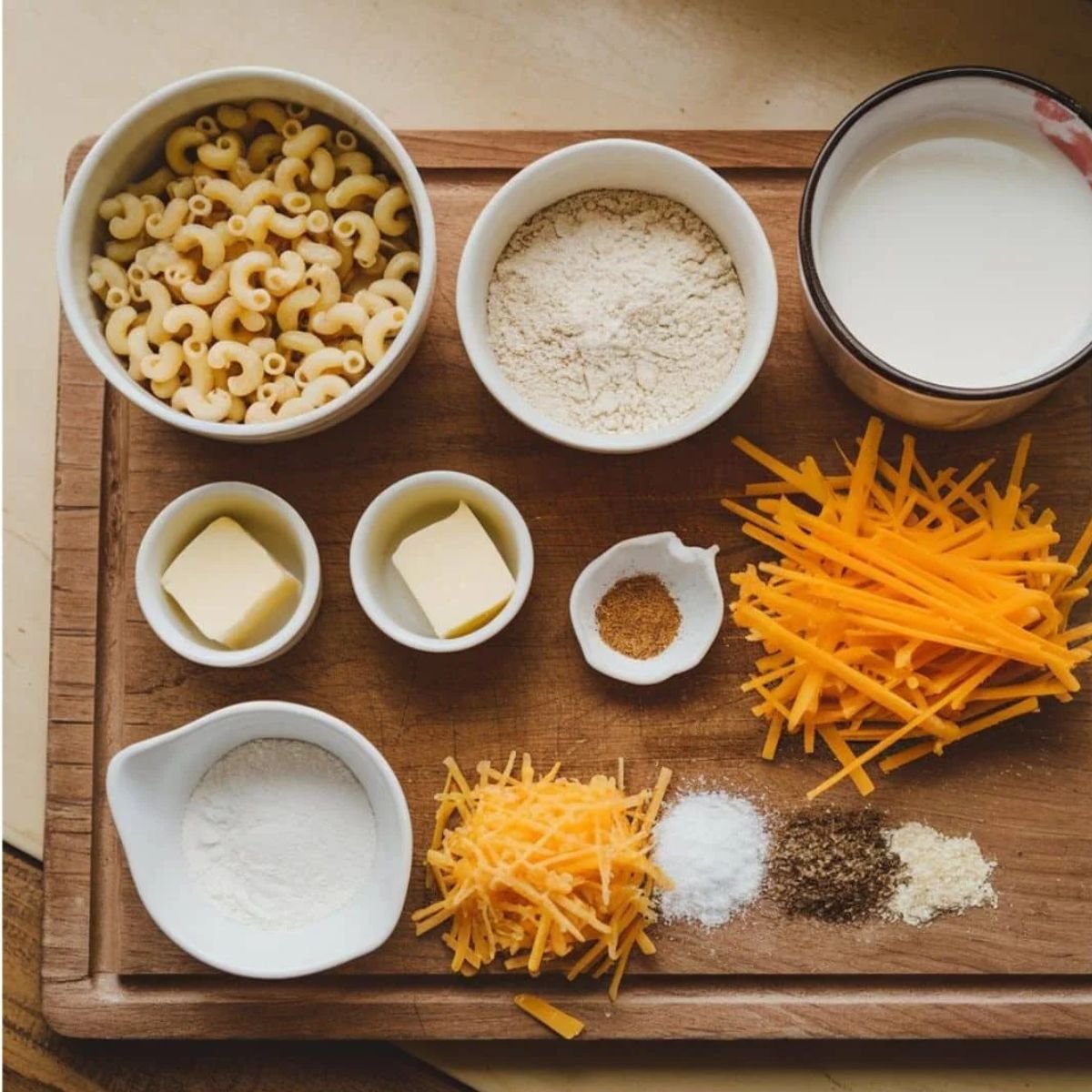 Tini's Mac and Cheese Recipe ingredients displayed on a wooden cutting board, including elbow macaroni, cheddar cheese, flour, butter, milk, and seasonings. The perfect base for a creamy and cheesy homemade mac and cheese.