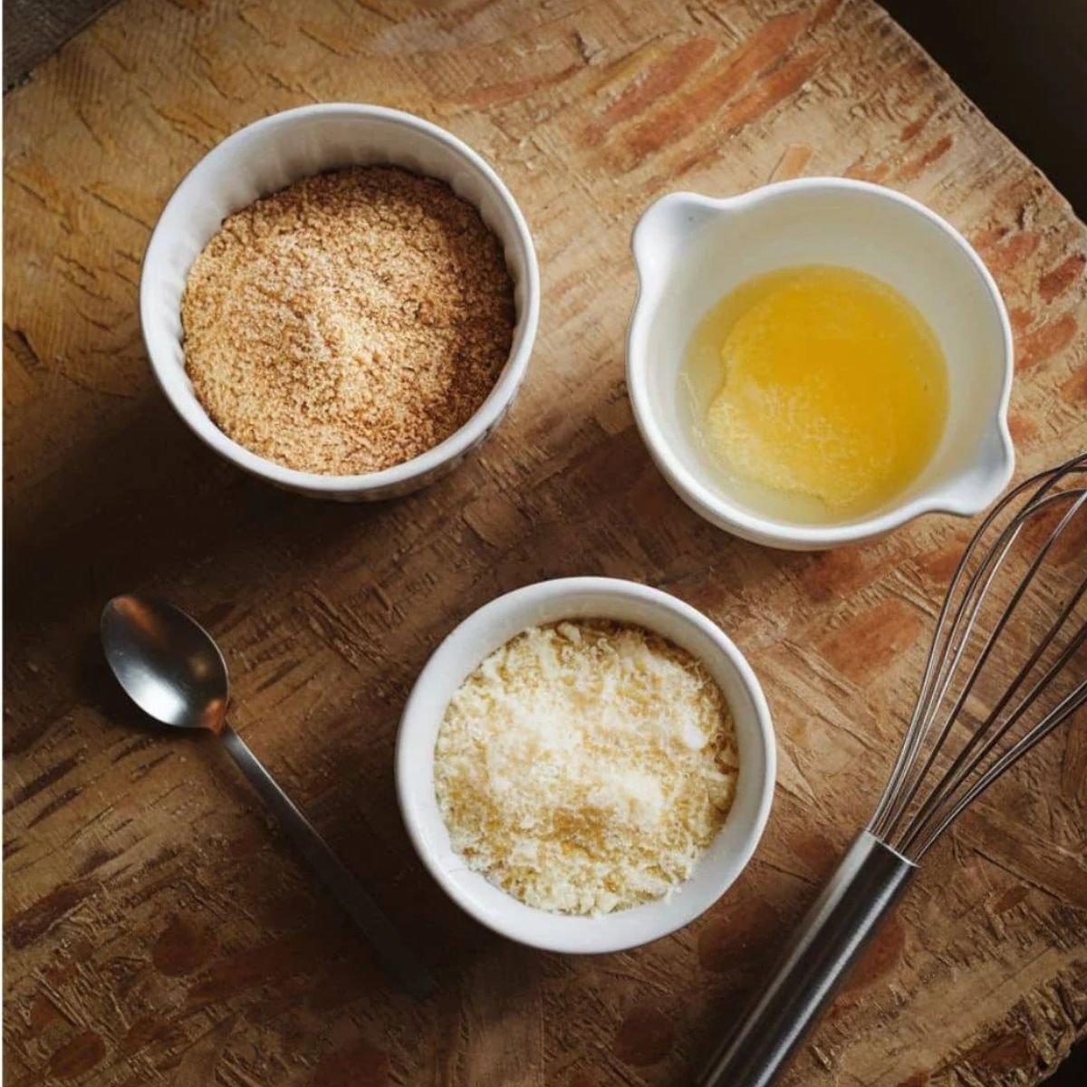 Tini's Mac and Cheese Recipe topping ingredients displayed on a rustic wooden surface, including panko breadcrumbs, melted butter, and grated Parmesan cheese. A crispy, golden finish for the ultimate baked mac and cheese.