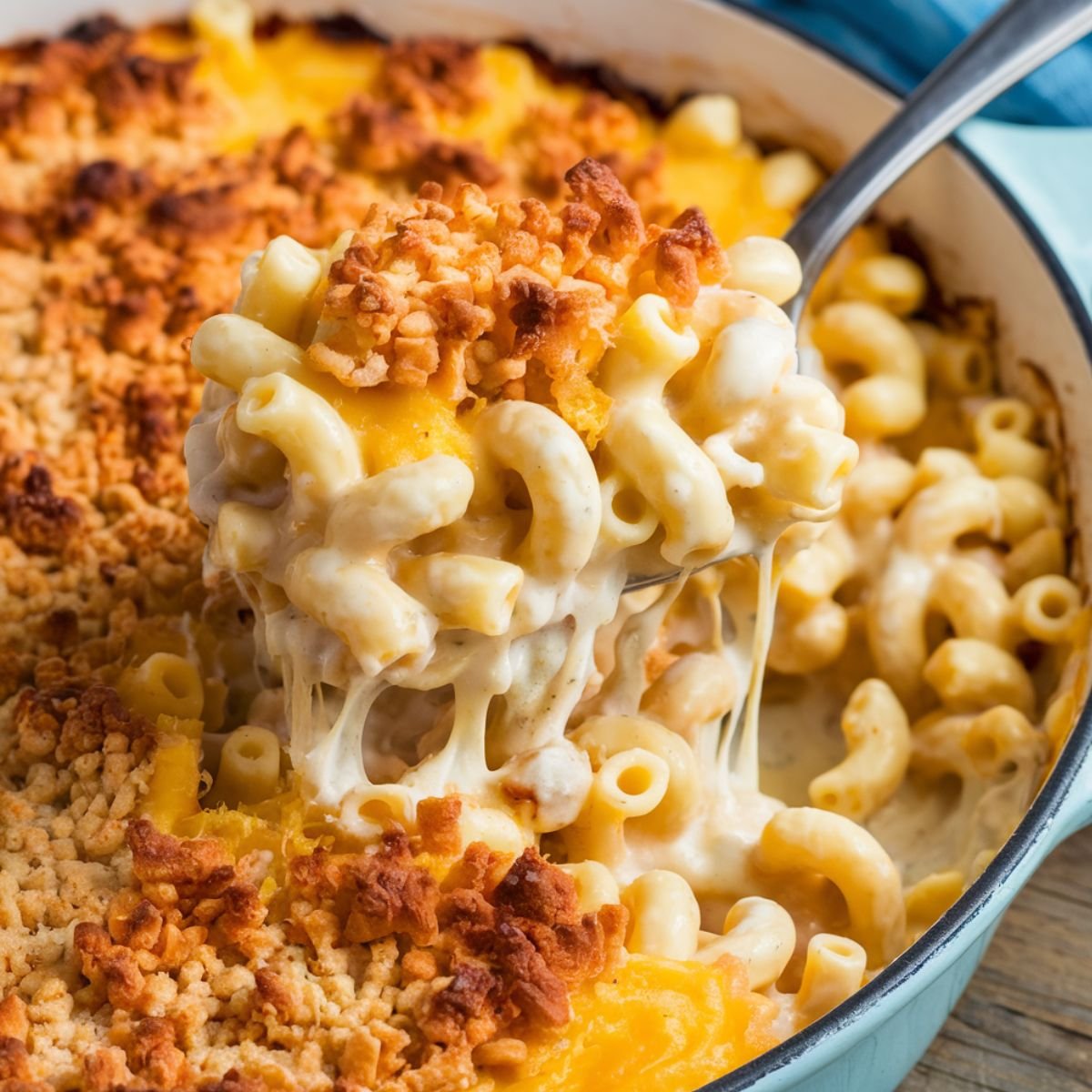 Tini's Mac and Cheese Recipe featuring creamy, cheesy macaroni with a golden, crispy breadcrumb topping, served in a light blue casserole dish. A rich and comforting homemade baked mac and cheese perfect for any occasion.