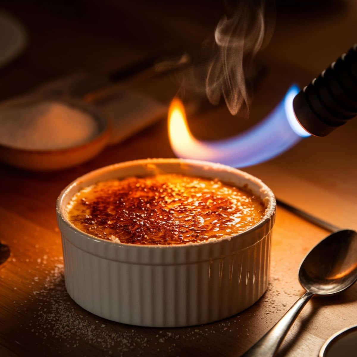 Caramelizing the sugar topping on a Crab Brûlée Recipe using a kitchen torch, creating a golden-brown crackling crust, with steam and flame adding dramatic effect.