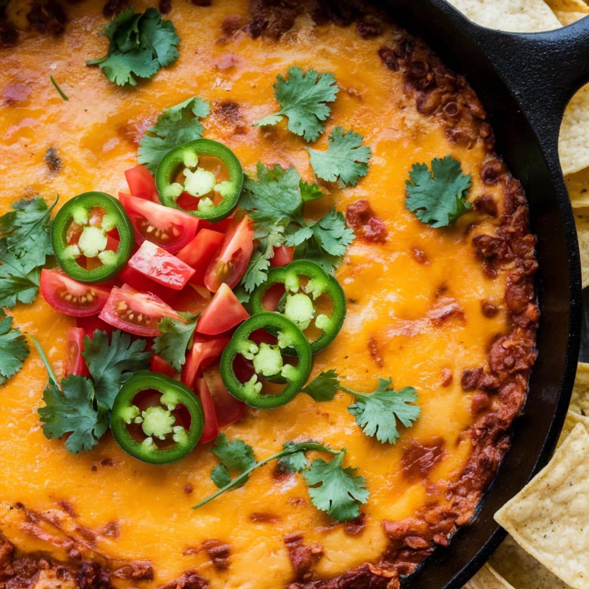 Ultimate Rotel Dip Recipe served in a skillet, featuring melted cheese, spicy ground beef, topped with fresh jalapeños, diced tomatoes, and cilantro, paired with tortilla chips.