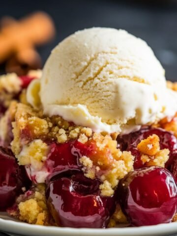 Warm and Gooey Cherry Dump Cake Recipe – A Delicious Dessert Topped with Vanilla Ice Cream.