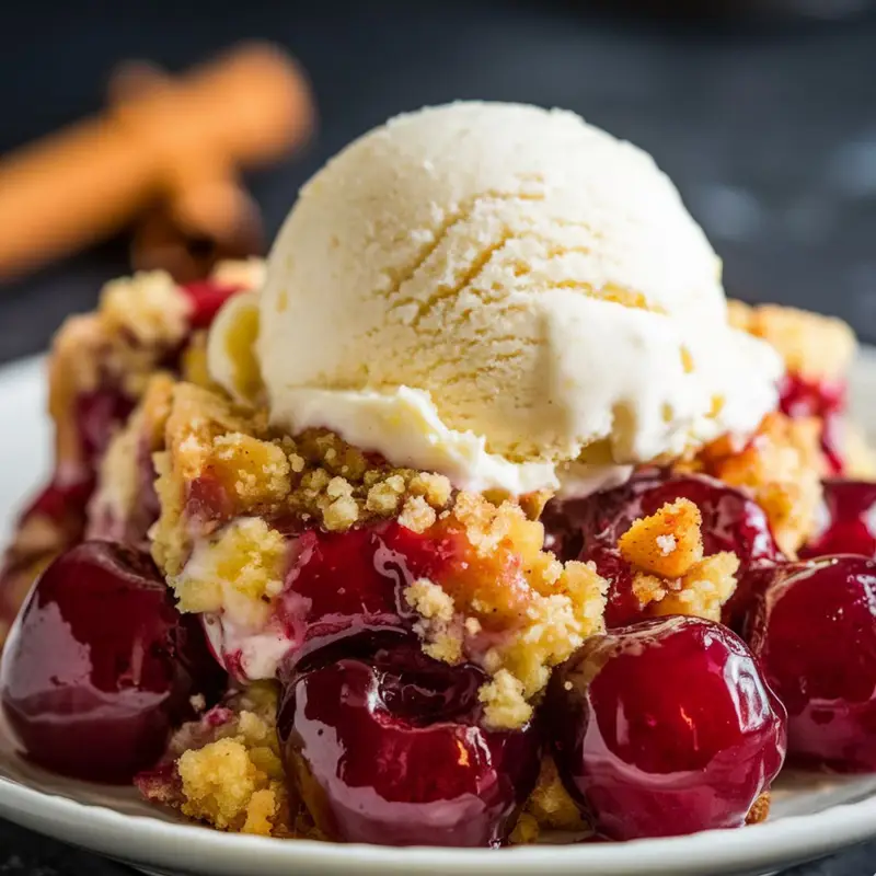 Warm and Gooey Cherry Dump Cake Recipe – A Delicious Dessert Topped with Vanilla Ice Cream.