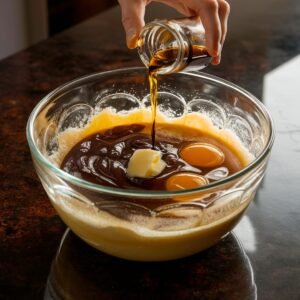 A glass mixing bowl with ingredients for the Tom Cruise Coconut Cake, featuring rich brown sugar, melted butter, fresh eggs, and a hand pouring vanilla extract. The glossy mixture sits on a dark countertop, capturing the essence of homemade baking.