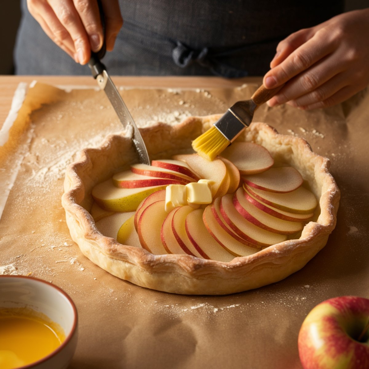 A homemade Puff Pastry Apple Tart being assembled on a parchment-lined surface. Thinly sliced apples are arranged in a beautiful spiral, with small butter cubes placed on top. A pastry brush is being used to apply an egg wash to the crust, ensuring a golden, flaky finish. The rustic kitchen setting highlights the warmth and care of homemade baking.