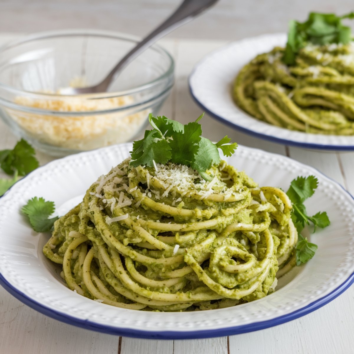 Delicious Green Spaghetti Recipe served on a white plate, topped with creamy poblano sauce, fresh cilantro, and grated cheese. A flavorful and easy-to-make pasta dish perfect for dinner.