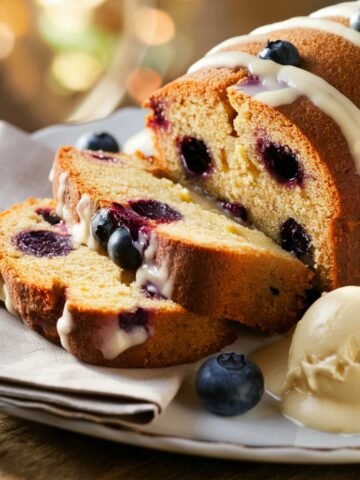 Blueberry Pound Cake Recipe – A moist and buttery blueberry pound cake drizzled with a creamy vanilla glaze, served on a plate with fresh blueberries and a scoop of vanilla ice cream. The golden-brown cake is packed with juicy blueberries, making it a perfect homemade dessert or tea-time treat.