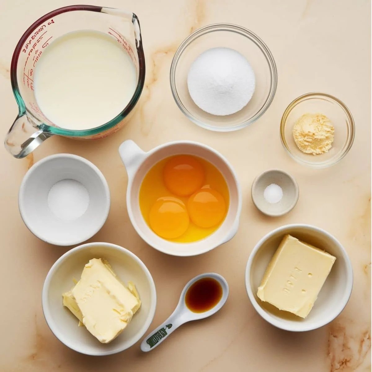 A top-down view of Boston Cream Cake recipe ingredients for the rich custard filling, including egg yolks, sugar, butter, vanilla extract, cornstarch, salt, and milk. These ingredients create a smooth and creamy custard that pairs perfectly with the soft cake layers and chocolate ganache topping.