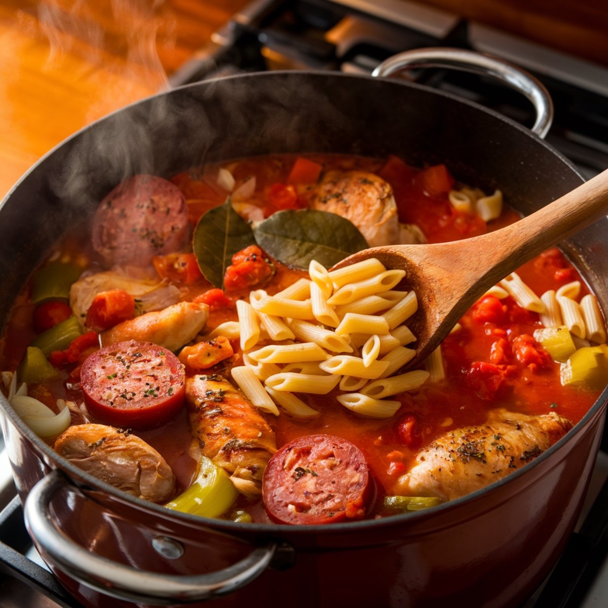 A steaming pot of pastalaya with penne pasta, smoky andouille sausage, seasoned chicken, diced tomatoes, and bay leaves simmering in a rich Cajun-spiced broth. This bold and flavorful pastalaya recipe captures the essence of Louisiana cuisine in a hearty one-pot dish.