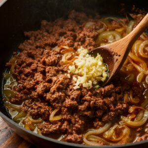 Sizzling ground beef browning in a skillet with caramelized onions, as freshly minced garlic is added with a wooden spoon. This flavorful beef mixture serves as the hearty filling for the Old Fashioned Stuffed Bell Peppers Recipe, creating a rich and savory base for this classic comfort food dish.