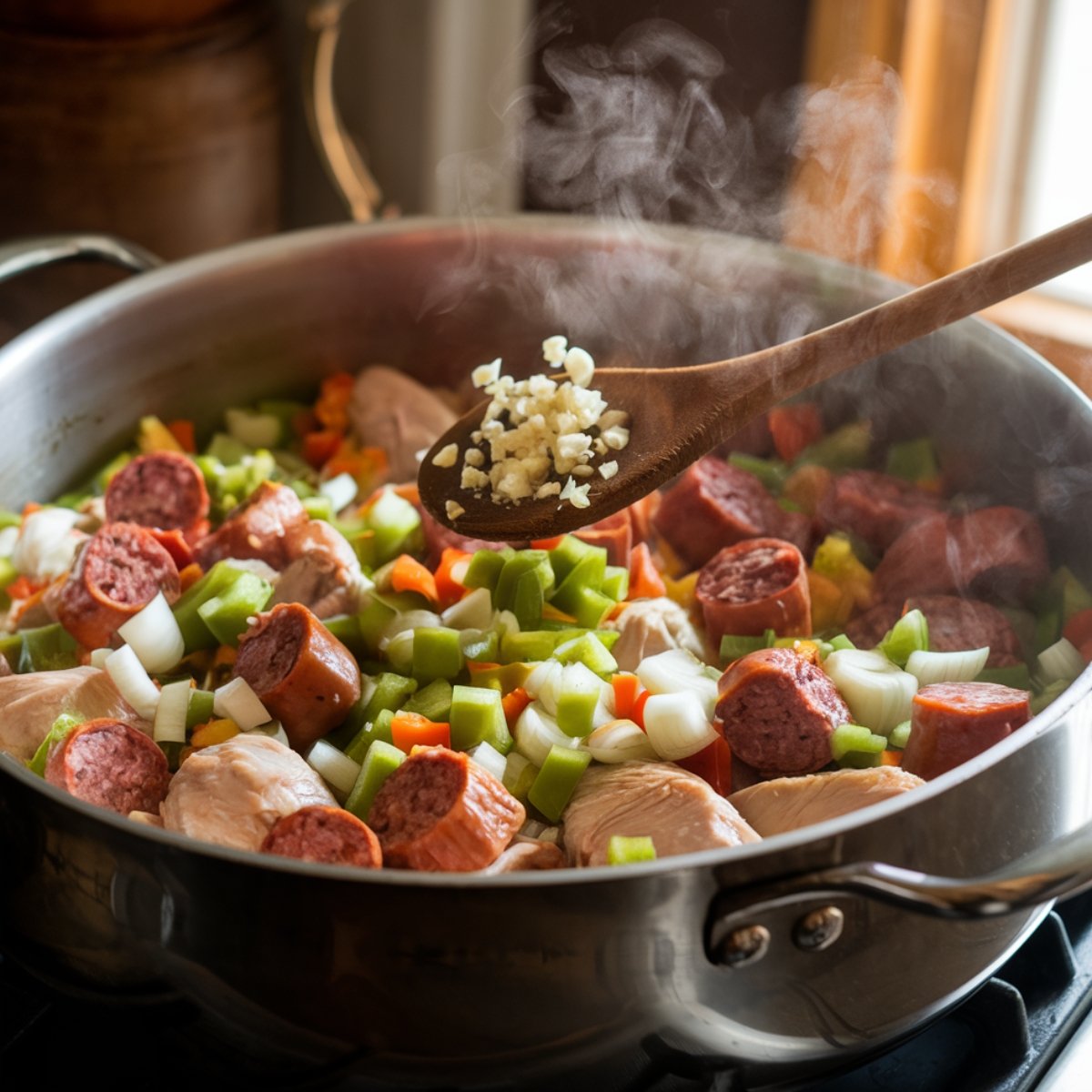 A steaming pot filled with andouille sausage, diced chicken, onions, bell peppers, and celery, with freshly minced garlic being added for extra flavor. This Cajun-style pastalaya recipe builds bold flavors with the classic ‘holy trinity’ of Louisiana cooking, creating a hearty and delicious one-pot meal.