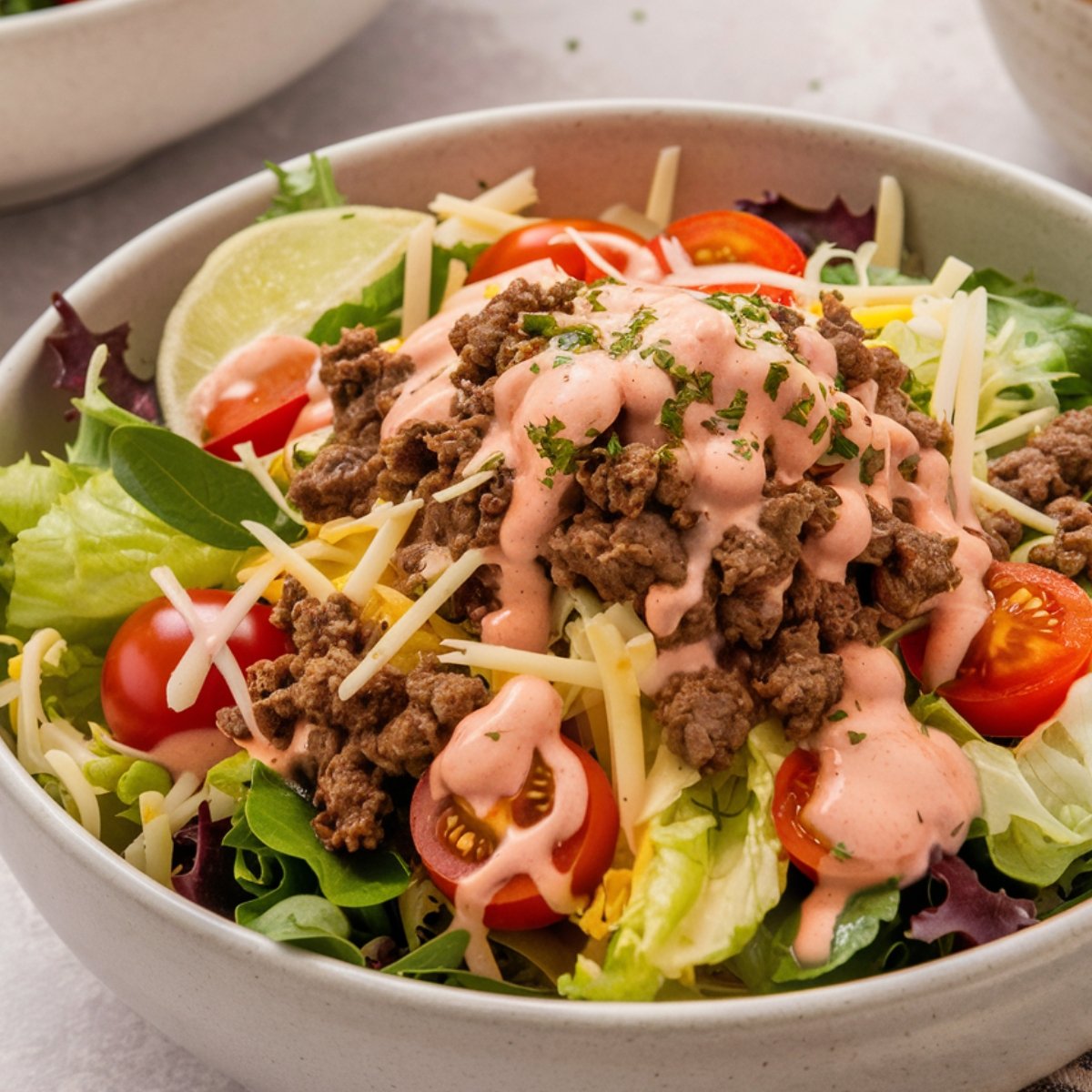 A delicious and protein-packed Burger Bowl Recipe with seasoned ground beef, fresh lettuce, cherry tomatoes, shredded cheese, and a creamy burger sauce drizzle, topped with chopped herbs and a lime wedge for garnish. A flavorful, low-carb alternative to a classic cheeseburger.