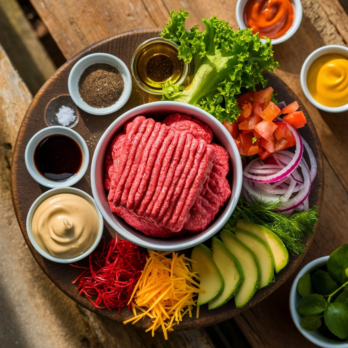 A vibrant spread of fresh ingredients for a Burger Bowl Recipe, featuring raw ground beef, crisp lettuce, diced tomatoes, sliced red onions, avocado, shredded cheese, and a variety of seasonings and sauces, including mustard, ketchup, and creamy dressing. A perfect setup for a flavorful, protein-packed, low-carb burger bowl.