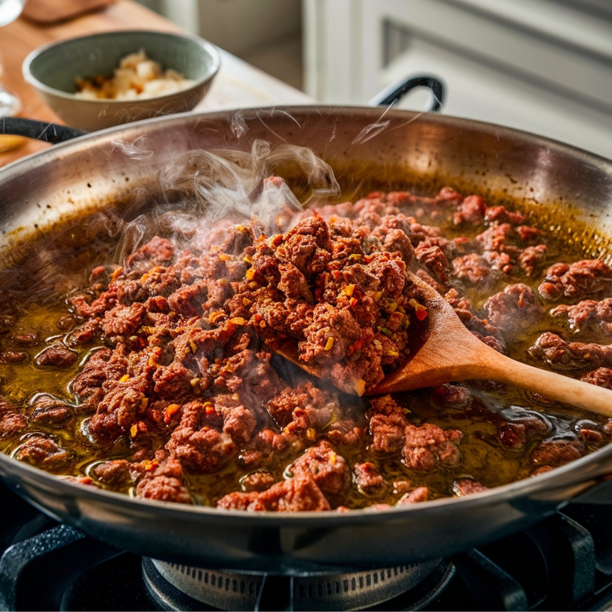 Cooking the seasoned ground beef for a Burger Bowl Recipe in a hot skillet with olive oil. A wooden spoon is used to break up the meat as it sizzles, releasing steam and rich flavors. The beef is browning evenly, creating a savory and juicy base for a delicious low-carb burger bowl.