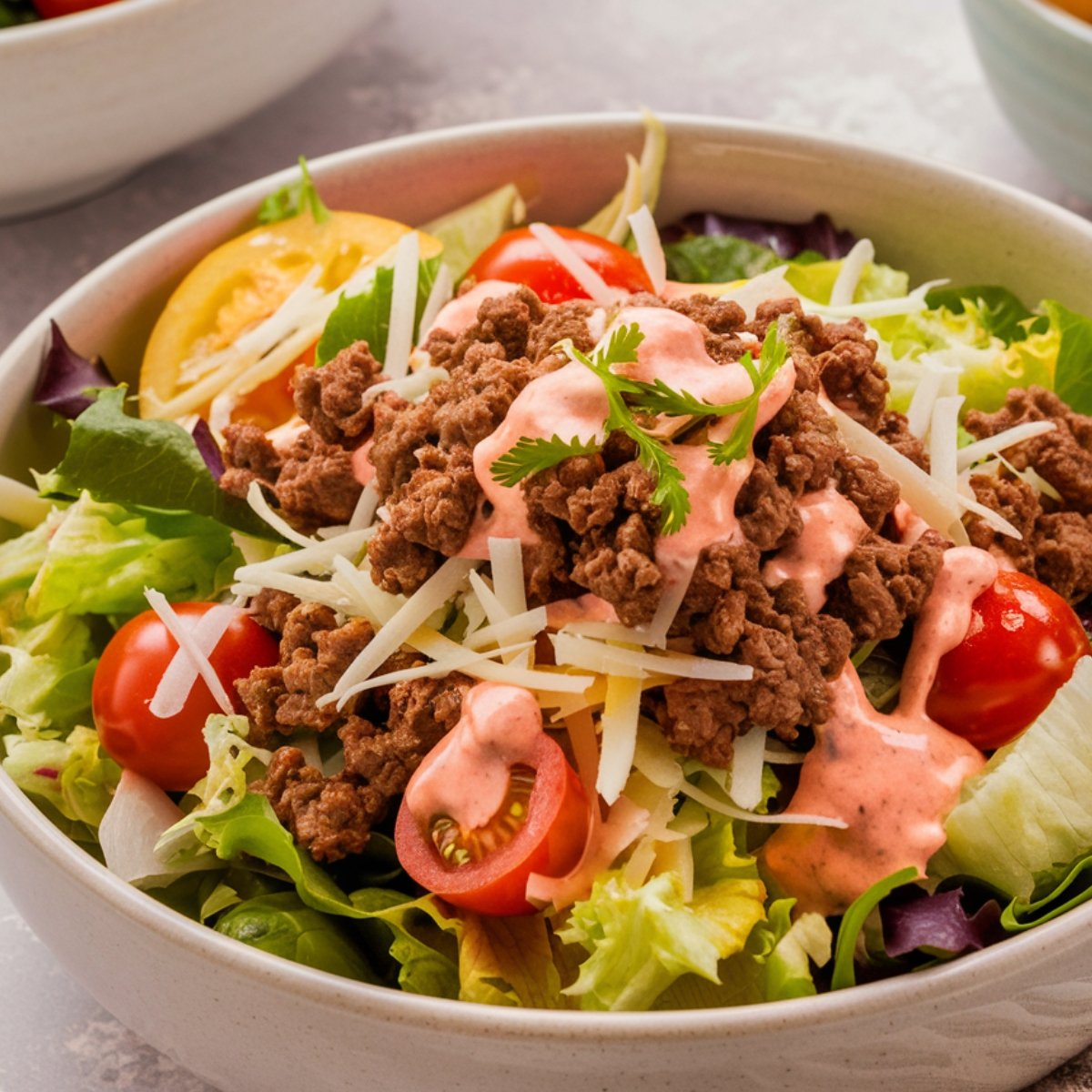 A fresh and vibrant Burger Bowl Recipe featuring seasoned ground beef, crisp lettuce, cherry tomatoes, shredded cheese, and a creamy burger sauce, garnished with fresh cilantro. A healthy, low-carb twist on a classic cheeseburger served in a bowl.