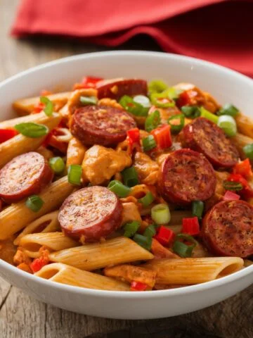 delicious bowl of Cajun-style pastalaya with penne pasta, smoky andouille sausage, tender chicken, and a rich, spicy tomato-based sauce, garnished with green onions and red bell peppers. A comforting and flavorful Louisiana-inspired pastalaya recipe.