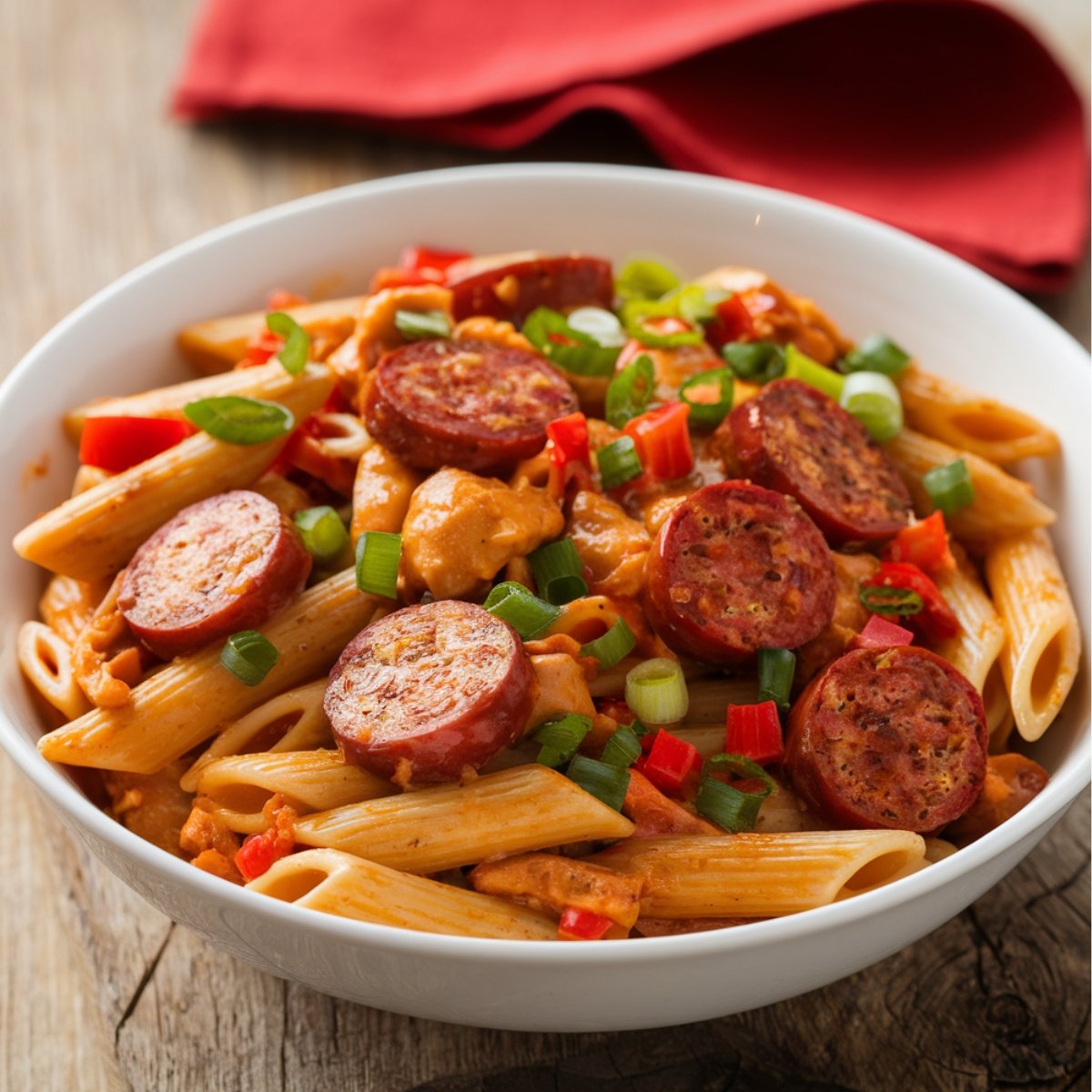 delicious bowl of Cajun-style pastalaya with penne pasta, smoky andouille sausage, tender chicken, and a rich, spicy tomato-based sauce, garnished with green onions and red bell peppers. A comforting and flavorful Louisiana-inspired pastalaya recipe.