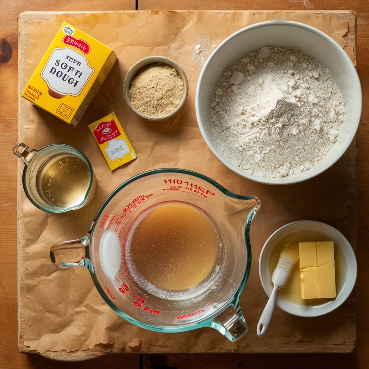 A top-down view of ingredients for Cake Mix Cinnamon Rolls, including a box of yellow cake mix, active dry yeast, all-purpose flour, melted butter, warm water, and sugar. The ingredients are neatly arranged on a rustic wooden surface, ready to be mixed into a soft and fluffy dough.