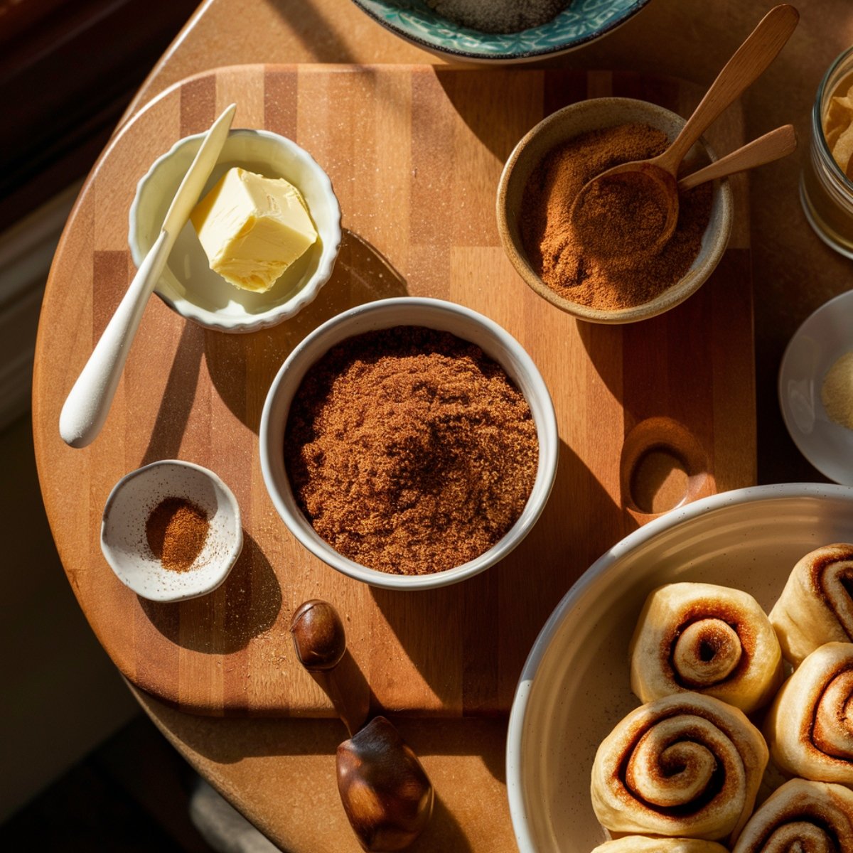 A cozy flat lay of ingredients for the filling of Cake Mix Cinnamon Rolls, including a bowl of brown sugar, softened butter, ground cinnamon, and a pinch of nutmeg. A wooden rolling pin and a partially prepared batch of cinnamon rolls are visible, ready to be baked into a sweet, buttery treat.