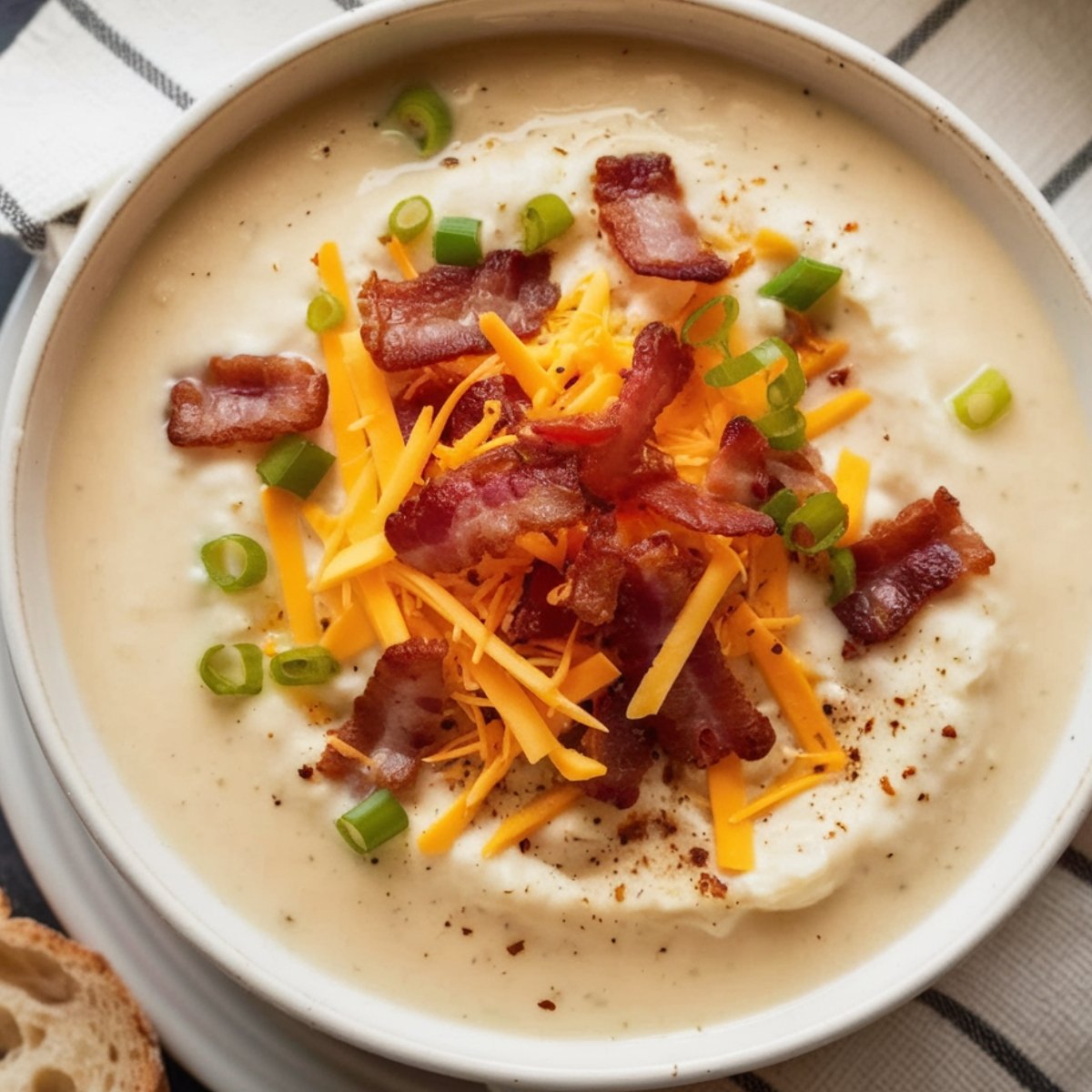 A rich and creamy Cheesy Potato Soup Recipe served in a white bowl, topped with crispy bacon, shredded cheddar cheese, and fresh green onions. This comforting and hearty soup is packed with bold flavors, making it the perfect warm and cozy meal.