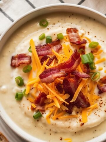 A warm and creamy Cheesy Potato Soup Recipe served in a white bowl, garnished with crispy bacon, shredded cheddar cheese, and fresh green onions. This rich and comforting dish is the perfect homemade meal for a cozy night.