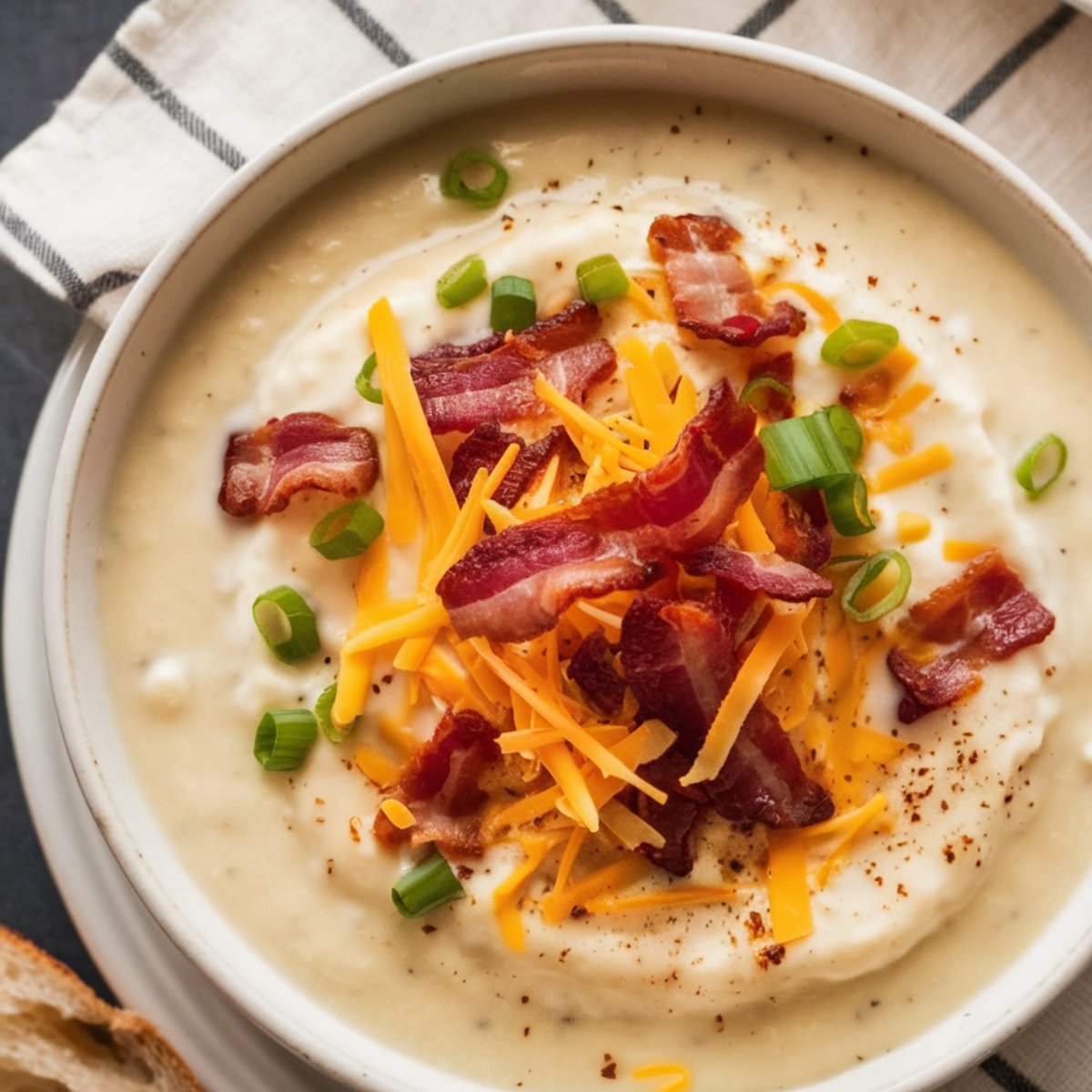 A warm and creamy Cheesy Potato Soup Recipe served in a white bowl, garnished with crispy bacon, shredded cheddar cheese, and fresh green onions. This rich and comforting dish is the perfect homemade meal for a cozy night.