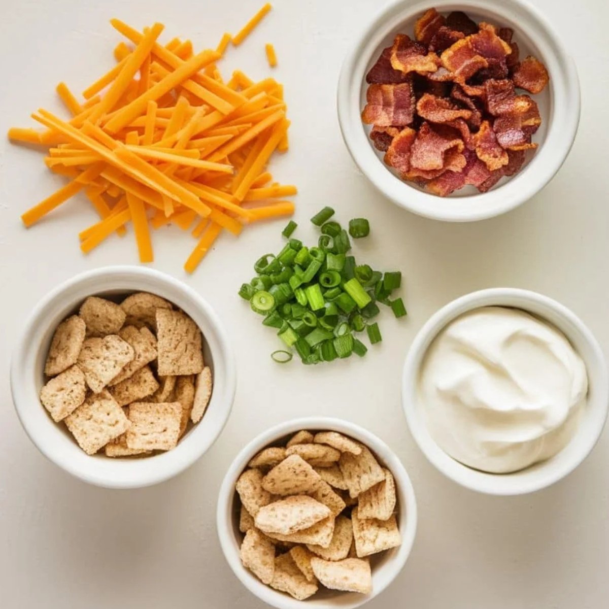 Delicious toppings for a Cheesy Potato Soup Recipe, including crispy bacon, shredded cheddar cheese, chopped green onions, sour cream, and crunchy crackers. These flavorful toppings add the perfect finishing touch to a warm, comforting bowl of homemade potato soup.