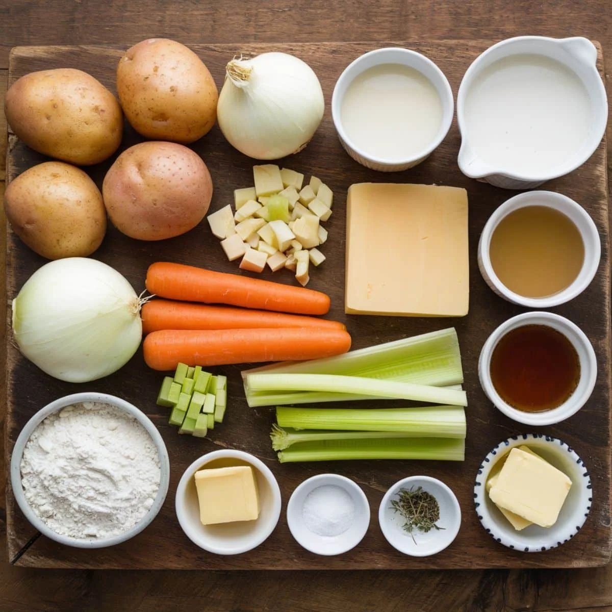 Fresh ingredients for a Cheesy Potato Soup Recipe, including russet potatoes, onions, carrots, celery, cheddar cheese, butter, flour, heavy cream, and seasonings. These wholesome ingredients come together to create a rich, creamy, and comforting homemade soup.