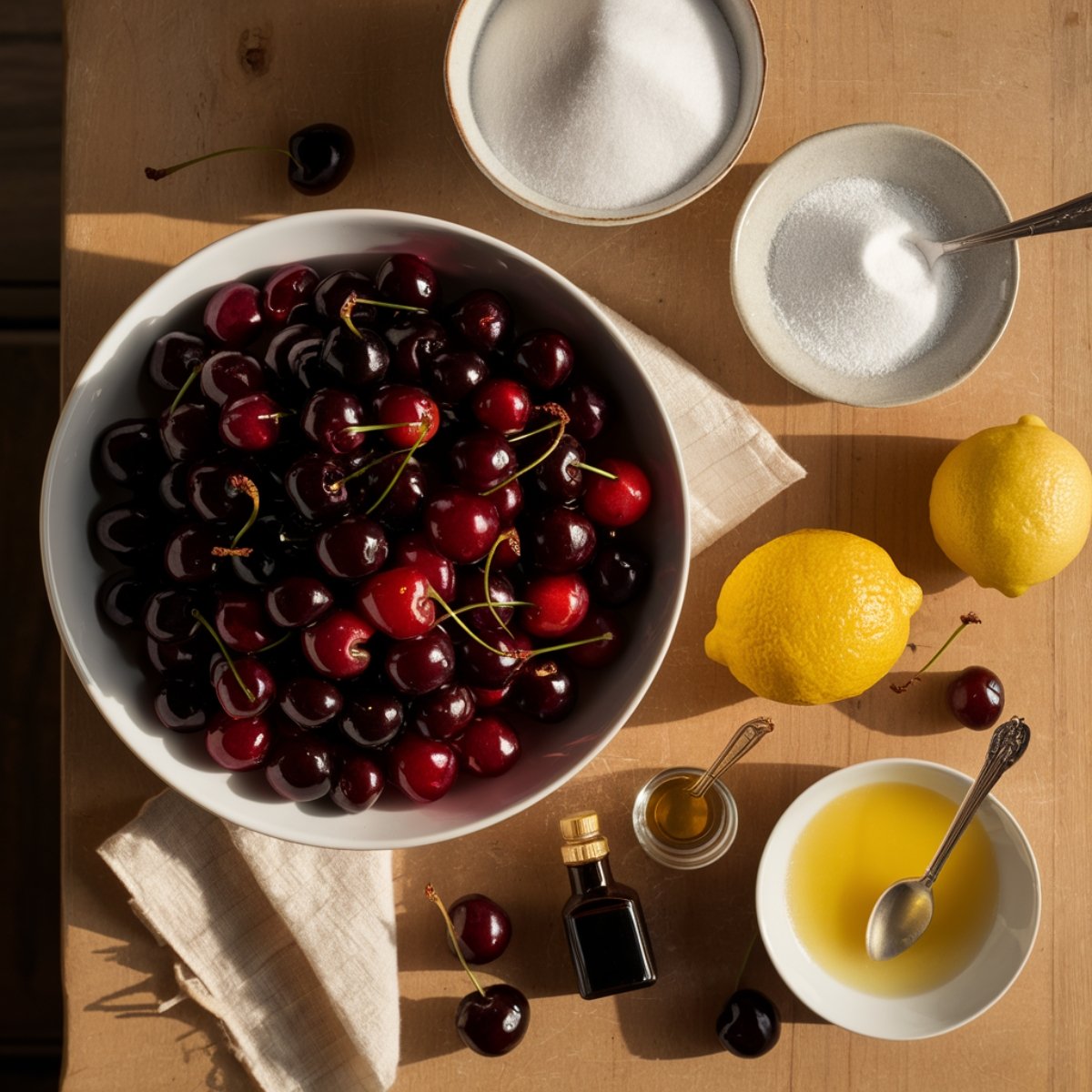 Cherry Cheesecake Recipe – Fresh ingredients for a homemade cherry topping, including a bowl of ripe cherries, granulated sugar, cornstarch, lemons, vanilla extract, and melted butter. Perfect for creating a sweet and tangy topping for a creamy cheesecake.