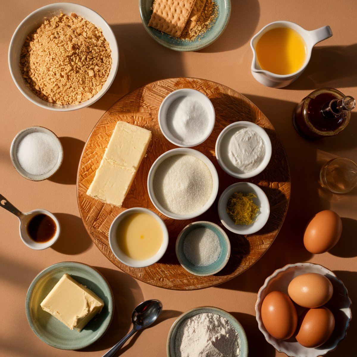 Cherry Cheesecake Recipe – A top-down view of fresh ingredients for a homemade cherry cheesecake, including graham cracker crumbs, butter, sugar, eggs, vanilla extract, lemon zest, flour, and cream cheese. Perfect for creating a rich, creamy cheesecake with a sweet cherry topping.