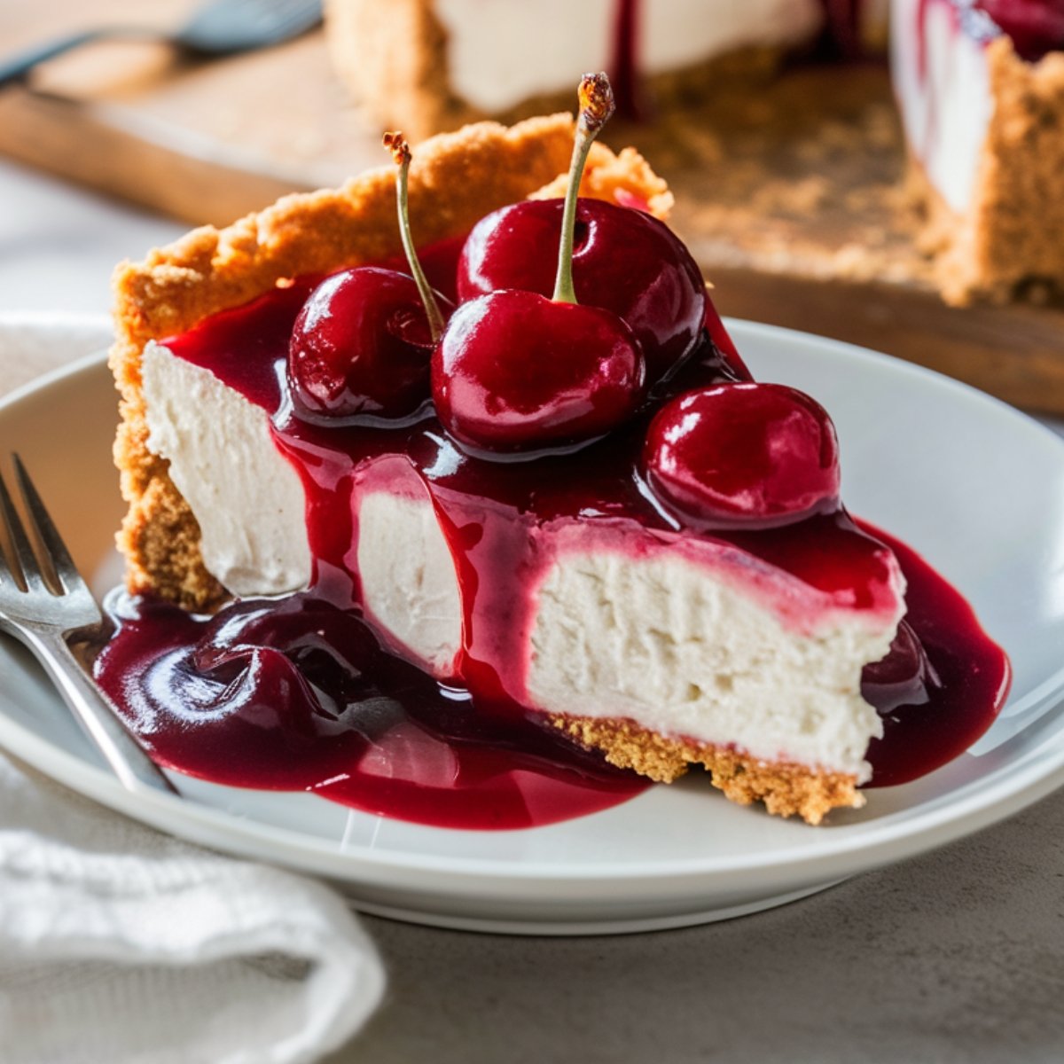 Cherry Cheesecake Recipe – A rich and creamy no-bake cheesecake with a golden graham cracker crust, topped with a glossy homemade cherry topping. Whole cherries and a luscious cherry sauce cascade down the sides, creating a decadent and irresistible dessert perfect for any occasion.