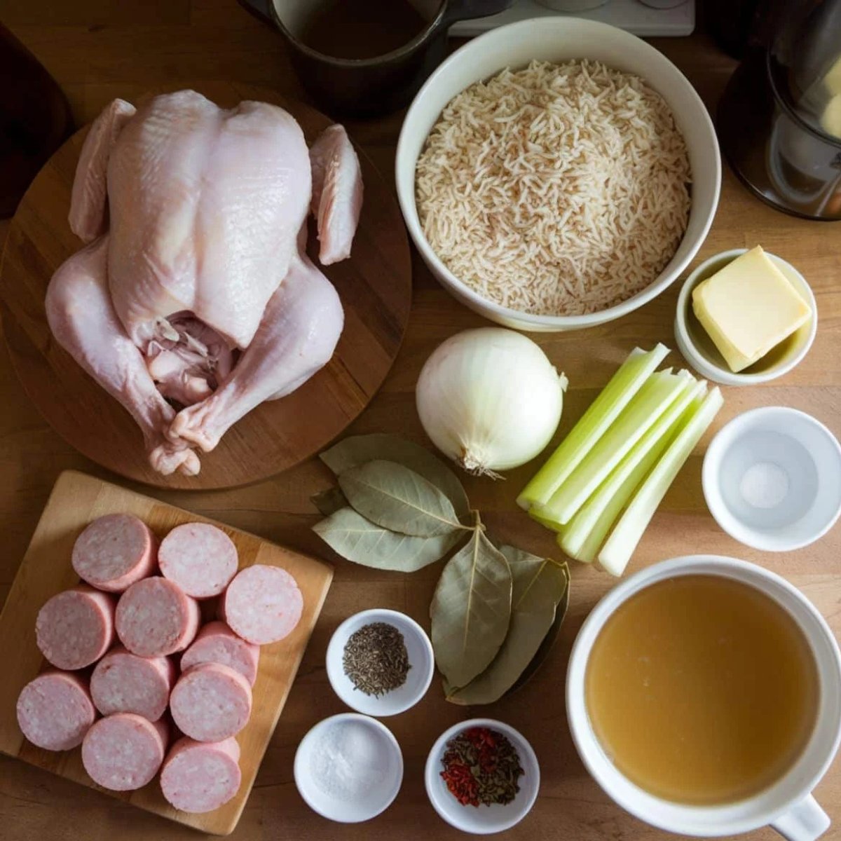 A top-down view of fresh ingredients for a Chicken Bog Recipe, including a whole raw chicken, smoked sausage, rice, celery, onion, bay leaves, butter, chicken broth, and seasonings. This Southern one-pot dish combines tender chicken, flavorful rice, and savory spices, making it a comforting and hearty meal.