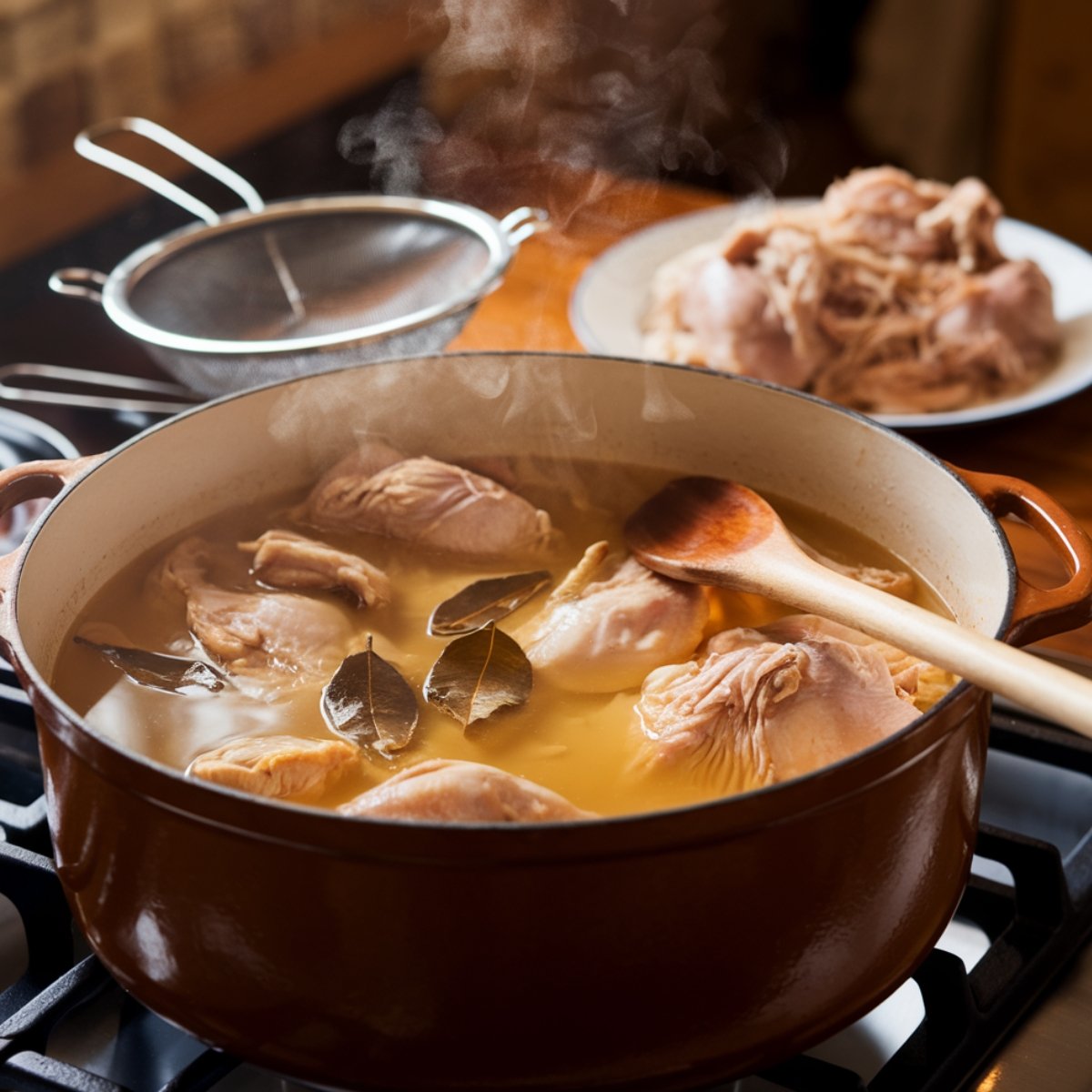 A steaming pot of Chicken Bog Recipe, a classic Southern one-pot dish, with chicken pieces, bay leaves, and broth simmering in a Dutch oven. A wooden spoon rests on the pot, and shredded chicken sits on a plate in the background, ready to be added back into the dish. This Carolina-style comfort food is rich, savory, and perfect for a hearty meal.