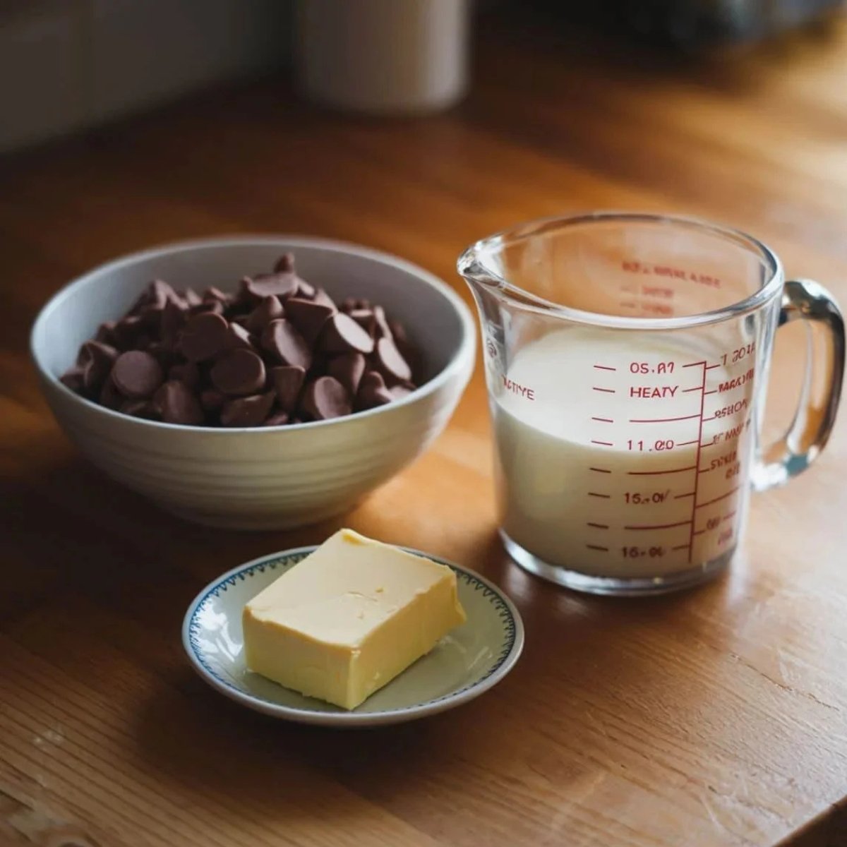 A close-up of essential ingredients for a Chocolate Cherry Cake Recipe, featuring a bowl of chocolate chips, a block of butter, and a measuring cup filled with heavy cream. These ingredients are used to prepare a rich and silky chocolate ganache, perfect for layering and topping the decadent cake. The warm wooden background enhances the cozy, homemade baking atmosphere.